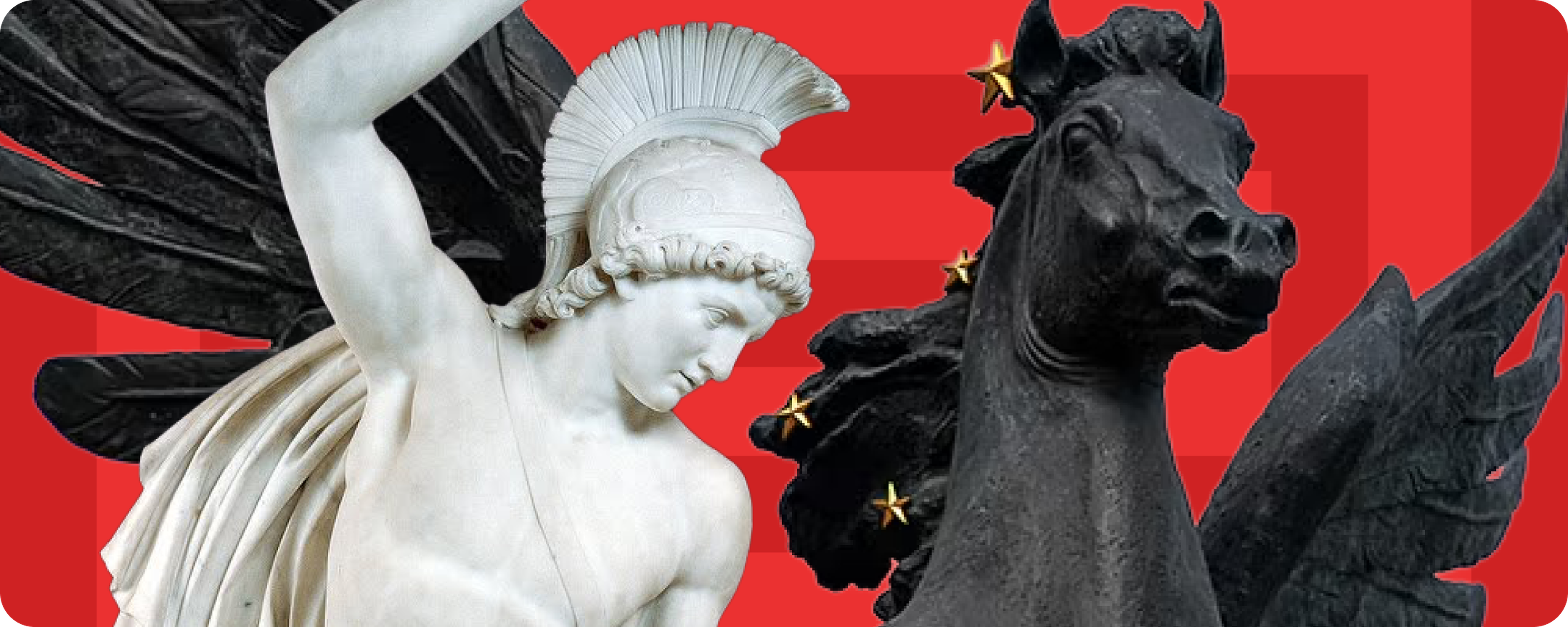 Collage of a white marble warrior statue in a crested helmet beside a black winged Pegasus sculpture with gold stars, set on a bold red block background for Nibble