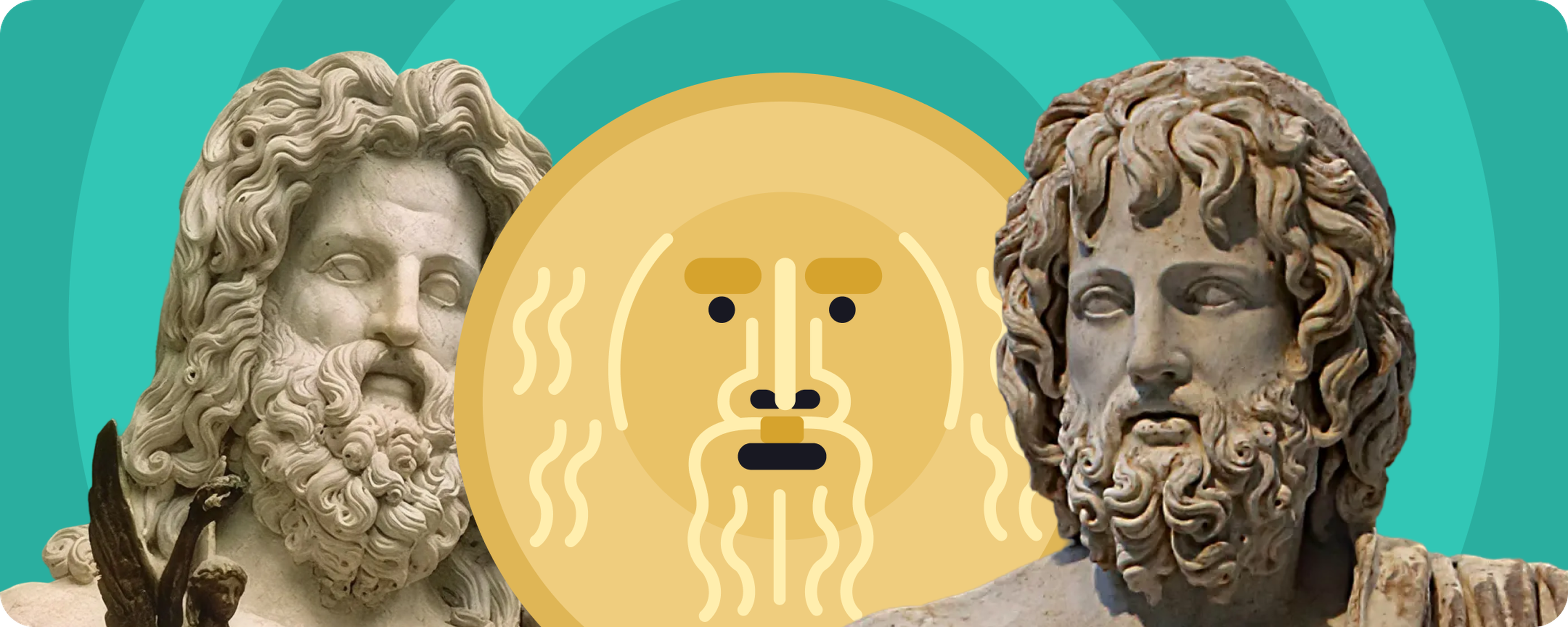 Two marble busts of bearded Greek gods flank a flat yellow illustration of a bearded deity's face on a gold coin, set against a teal background with concentric arcs, in a Nibble illustration