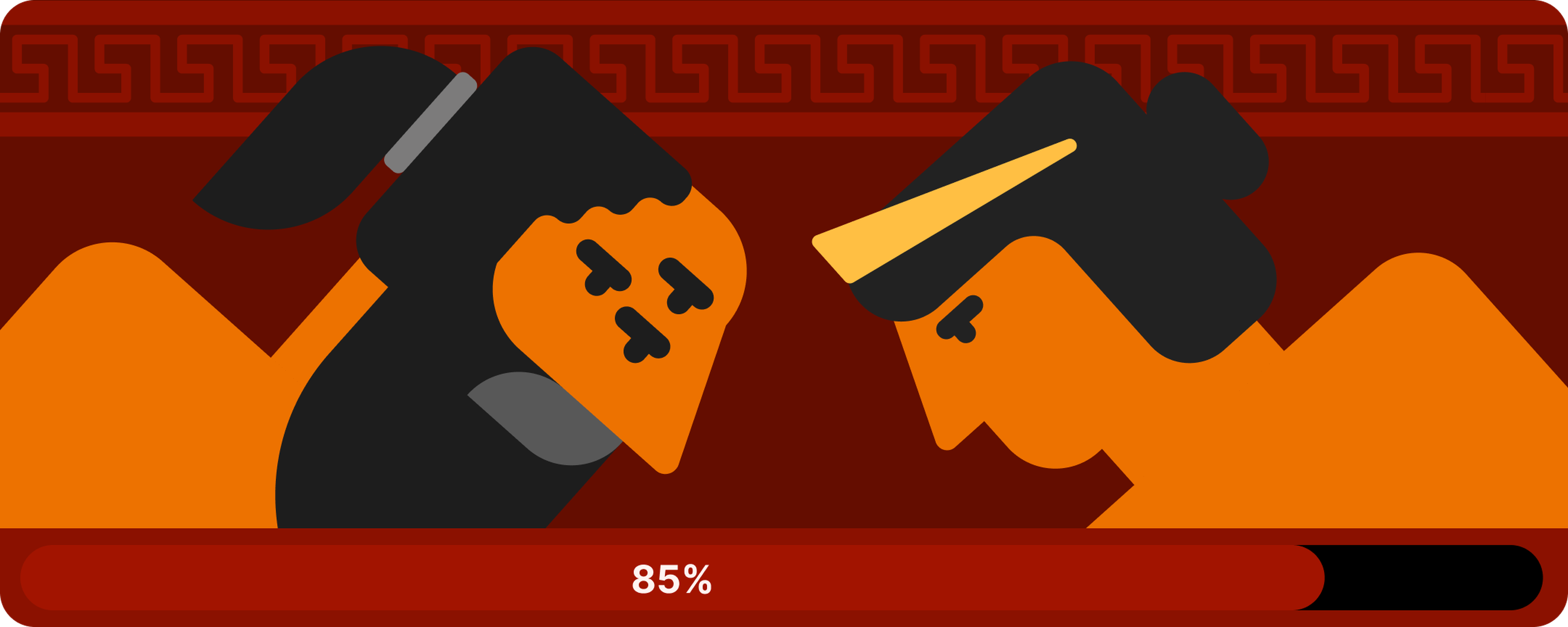 Illustration in Greek vase style showing two warrior profiles facing each other, one in a helmet, against dark red mountains with a meander border and an 85% progress bar in the Nibble app