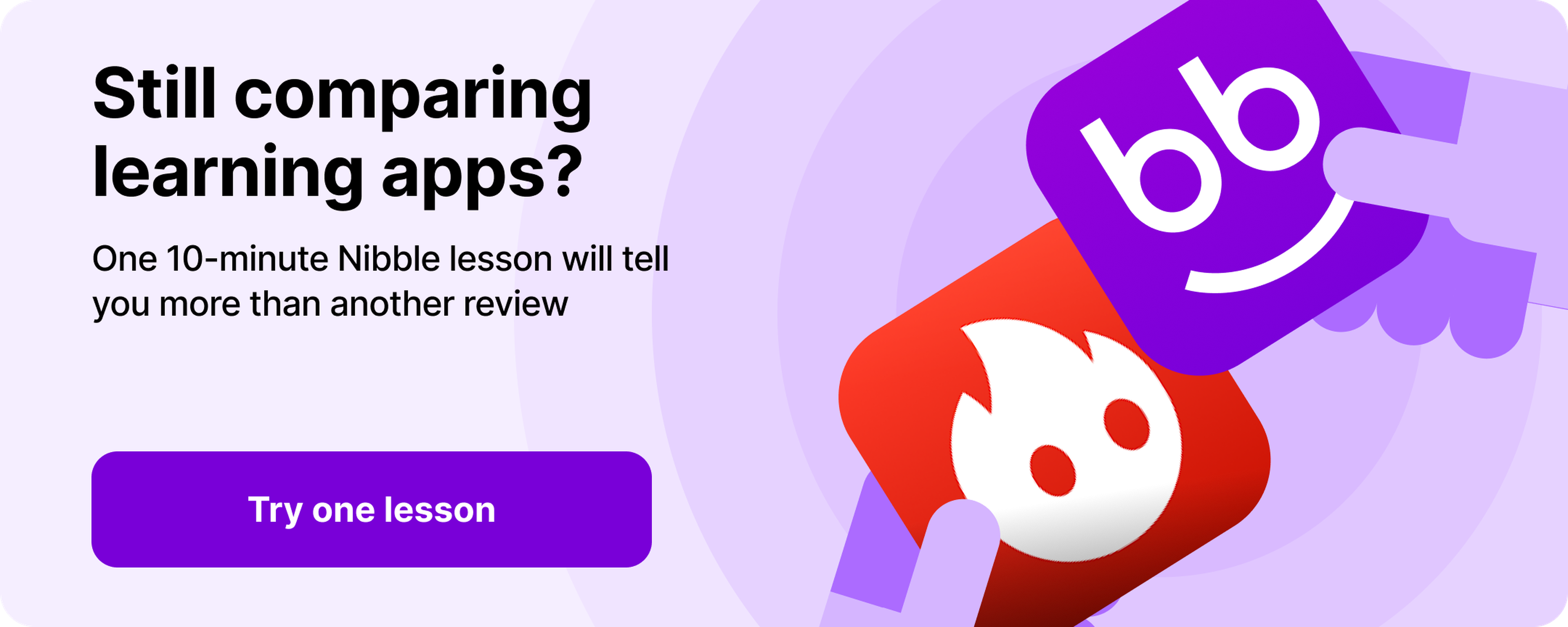Banner comparing learning apps with a purple _Try one lesson_ button, showing illustrated hands holding the Busuu and Nibble app icons against a light purple background with circles
