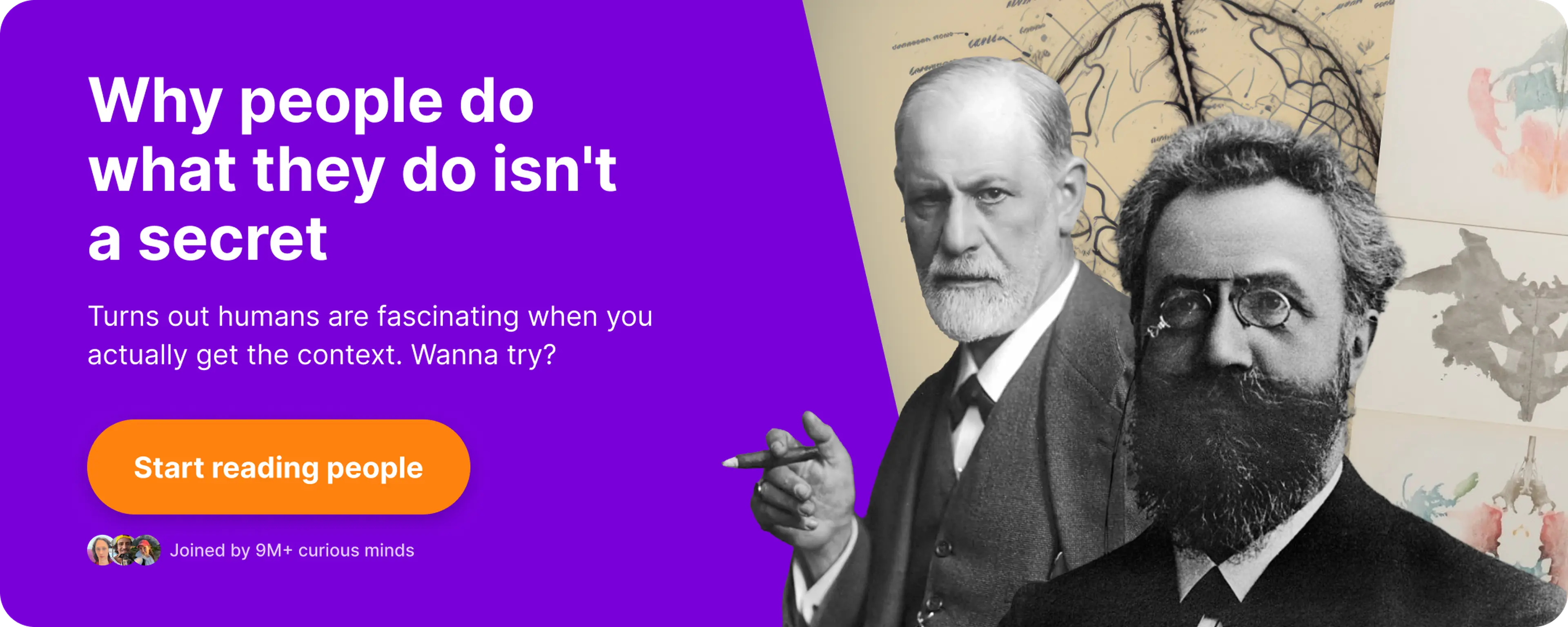 Nibble app for psychology banner featuring portraits of Freud and Rorschach against a brain anatomy diagram and Rorschach inkblot cards on a purple background