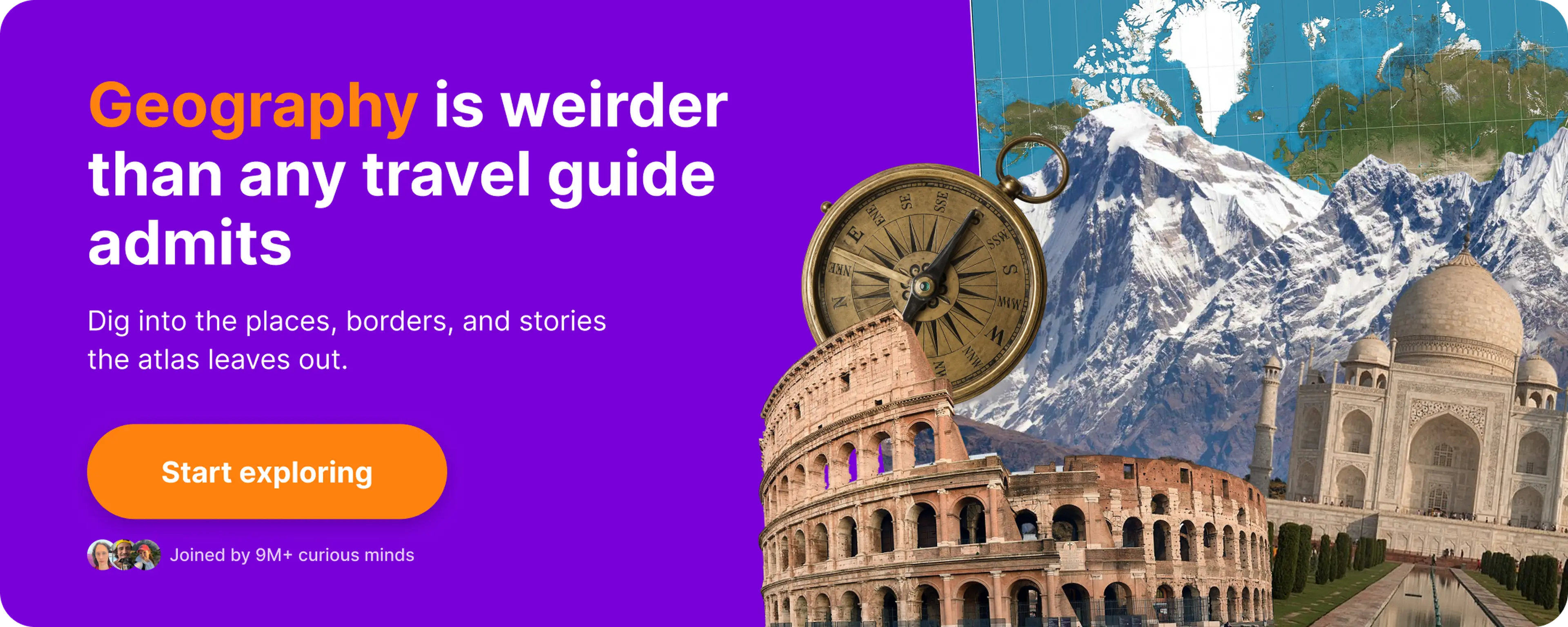Purple geography learning app banner featuring the Colosseum, Taj Mahal, snowy mountains, a vintage compass, and a world map for adults exploring world landmarks