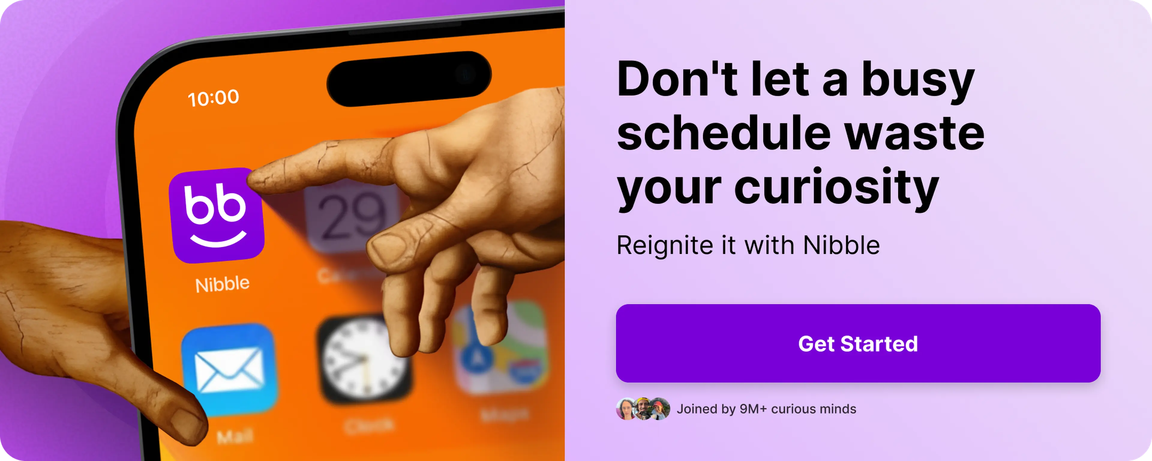 Finger inspired by Michelangelo's Creation of Adam tapping the Nibble app icon on an orange phone screen, beside a purple banner promoting Nibble to curious minds