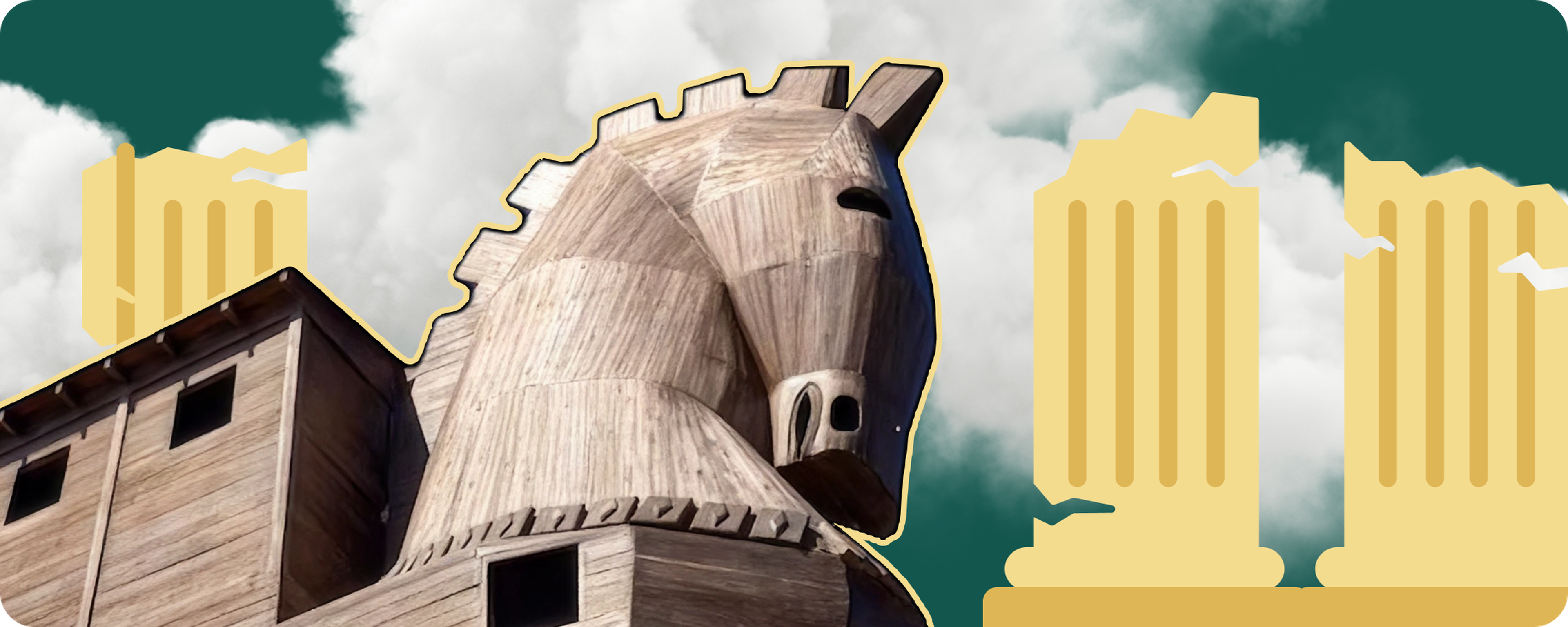 Wooden Trojan horse photo beside illustrated Greek column and gold storm cloud with lightning bolt on a dark red textured background, evoking a Nibble take on Greek mythology and the Trojan War