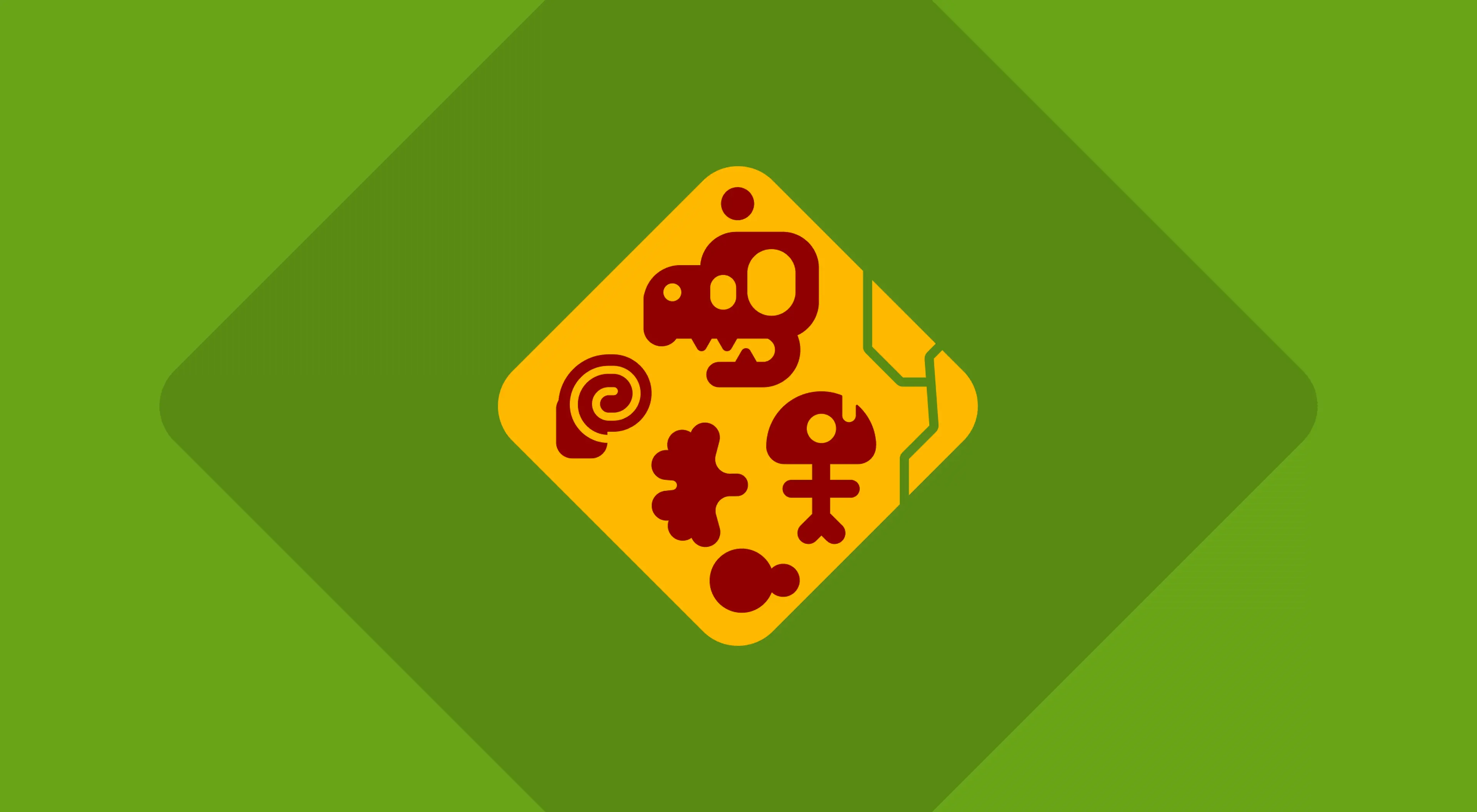 _Yellow diamond-shaped sign with dark red ancient symbols and petroglyphs including a skull, spiral, and human figures on a green background