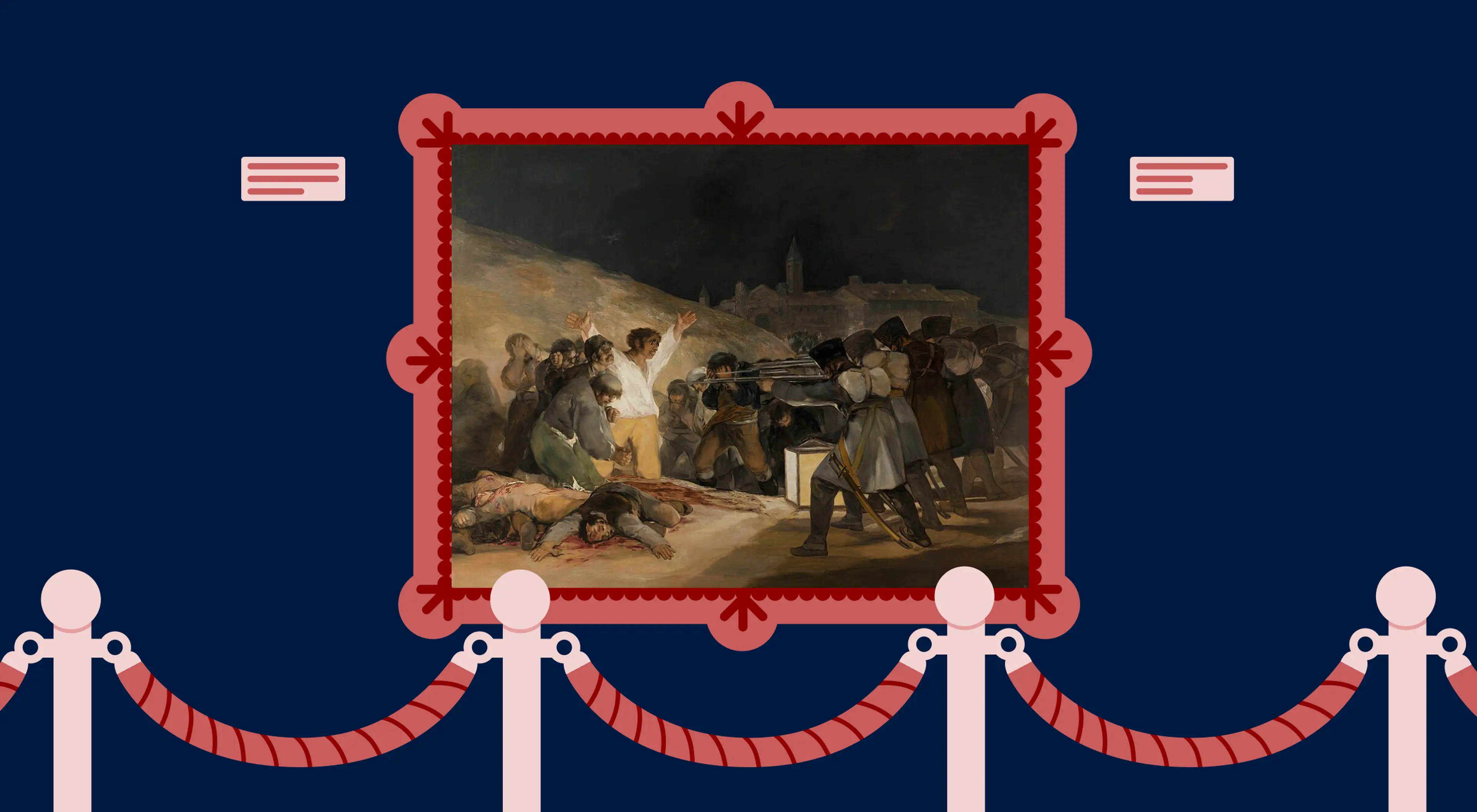 Illustrated museum display on dark navy background featuring a classical framed painting behind rope barriers, representing emphasis in art through bite-size art learning