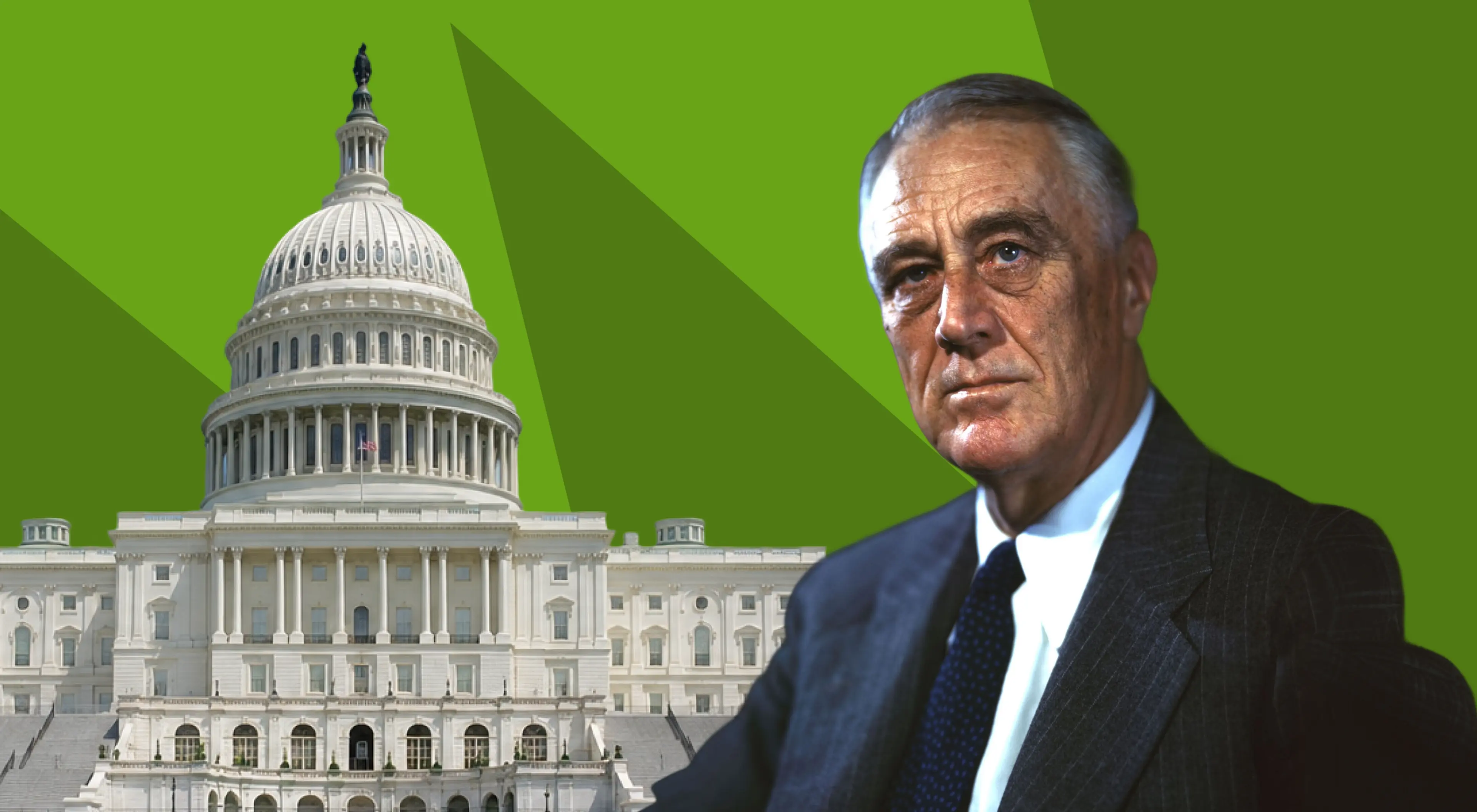 US Capitol building with a portrait of Franklin DRoosevelt on a green background, representing American federal government and legislative history