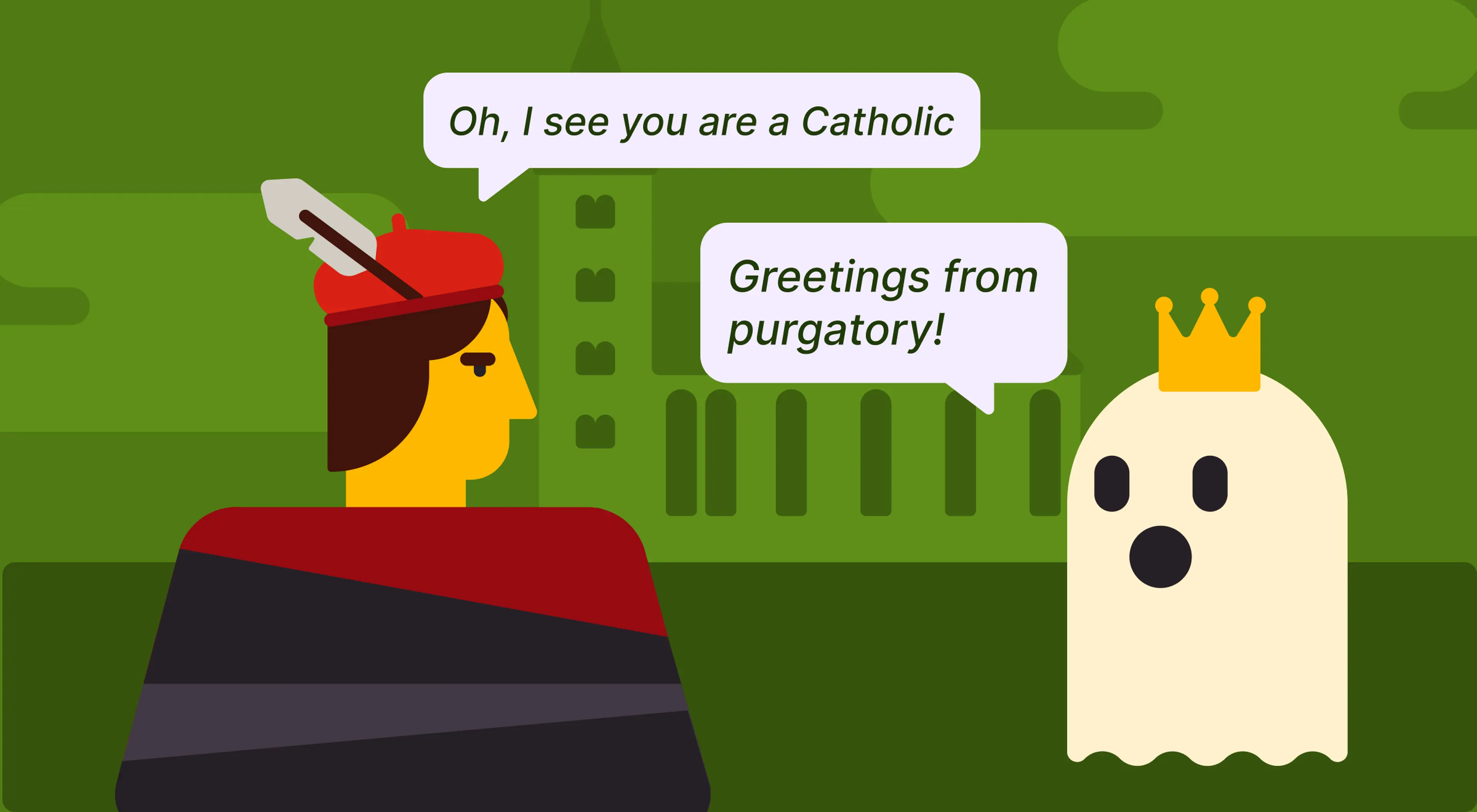 Illustrated scene of a medieval figure in a red hat talking to a crowned ghost on a dark green urban background, depicting a humorous purgatory encounter