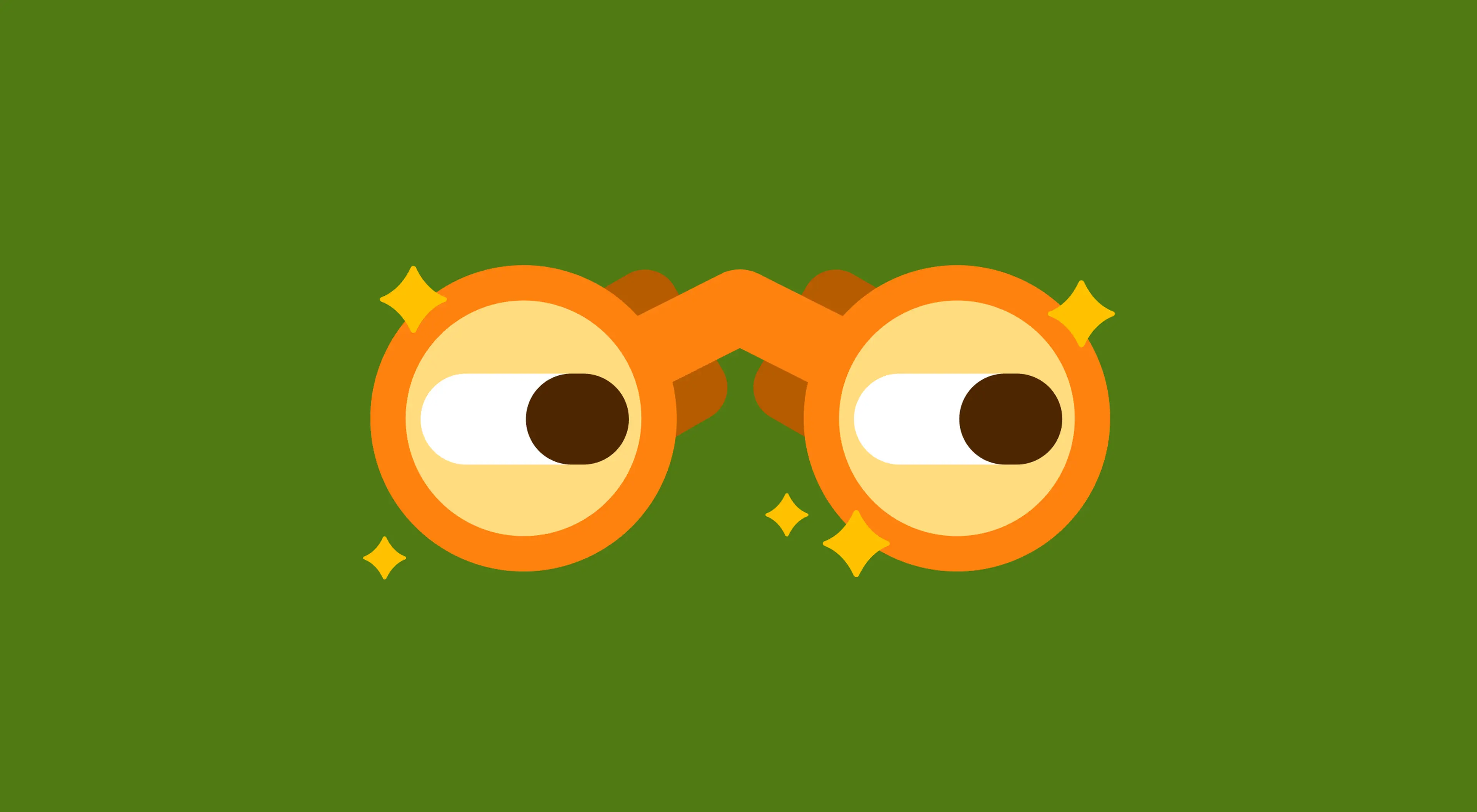 Illustrated orange binoculars with sparkling details on a dark green background, representing a trivia discovery or curiosity theme