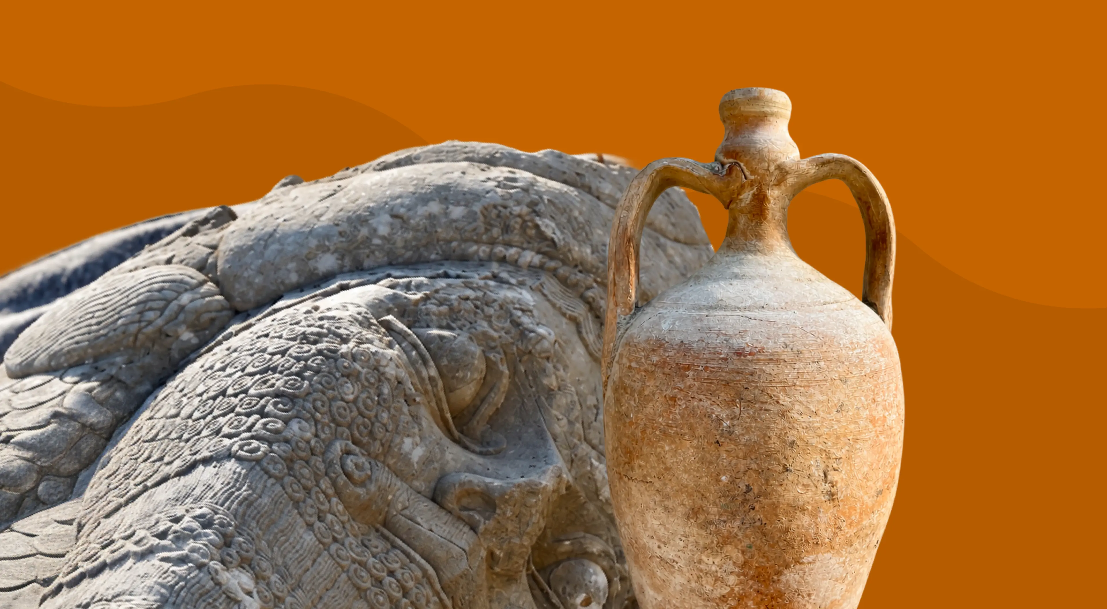 Ancient stone sculpture detail with a weathered clay amphora on an orange background, representing archaeological artifacts and ancient history