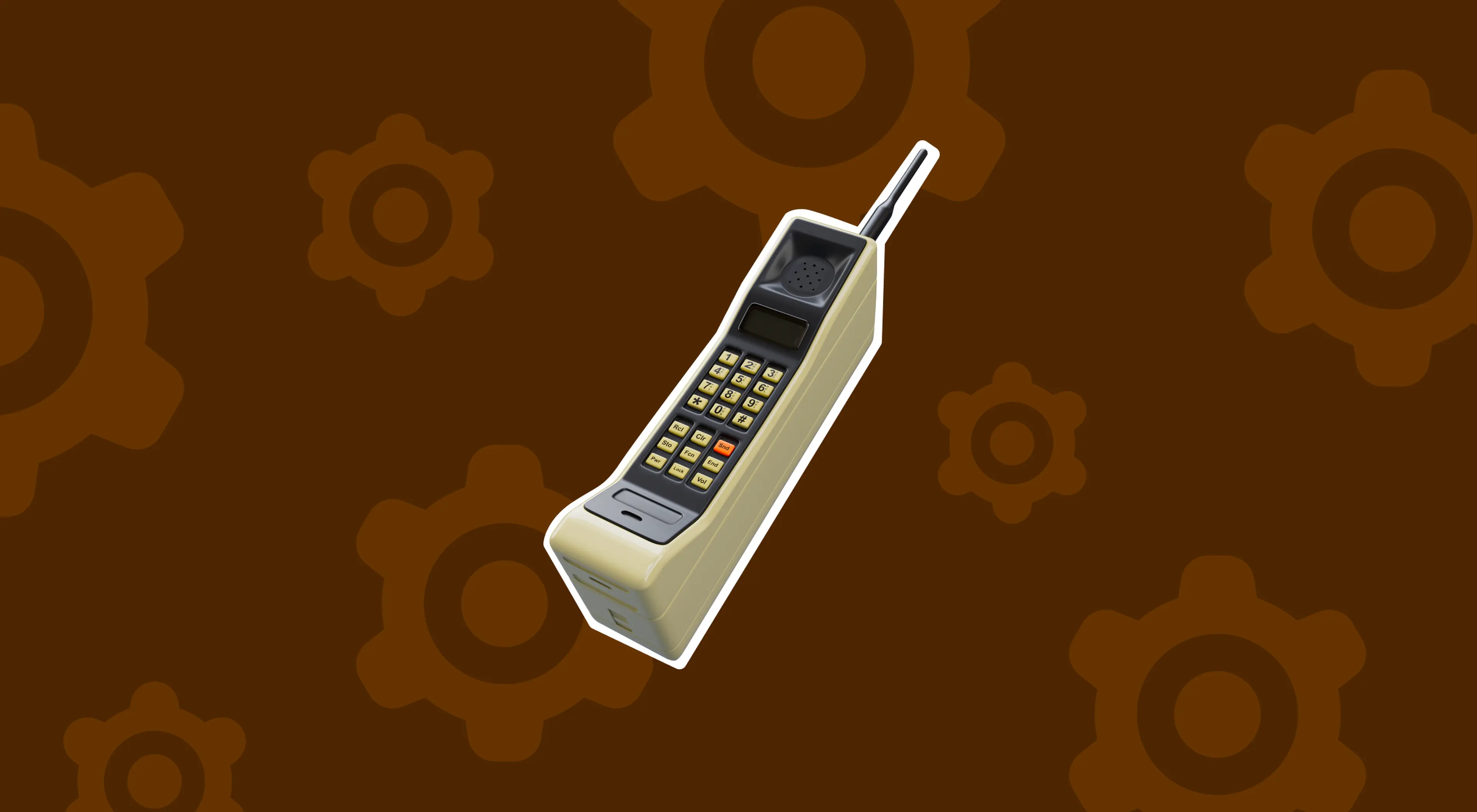 Vintage brick cell phone on a dark brown background with gear icons — early mobile device invention from the 1980s