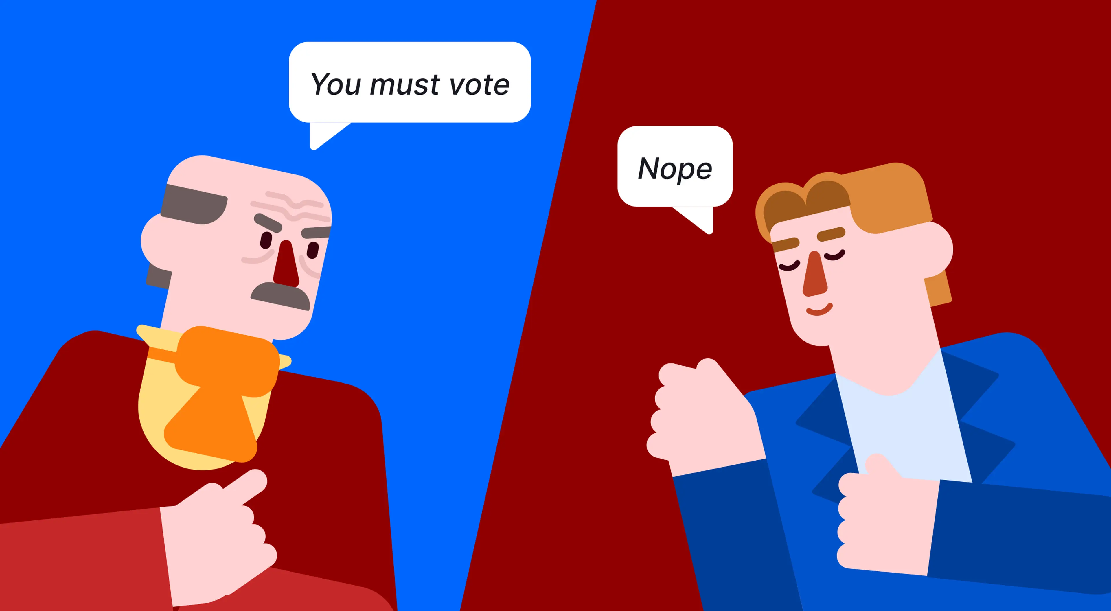 _Illustrated cartoon of two men disagreeing about voting, one urging the other to vote while he refuses, depicting civic engagement and checks and balances in a democratic system