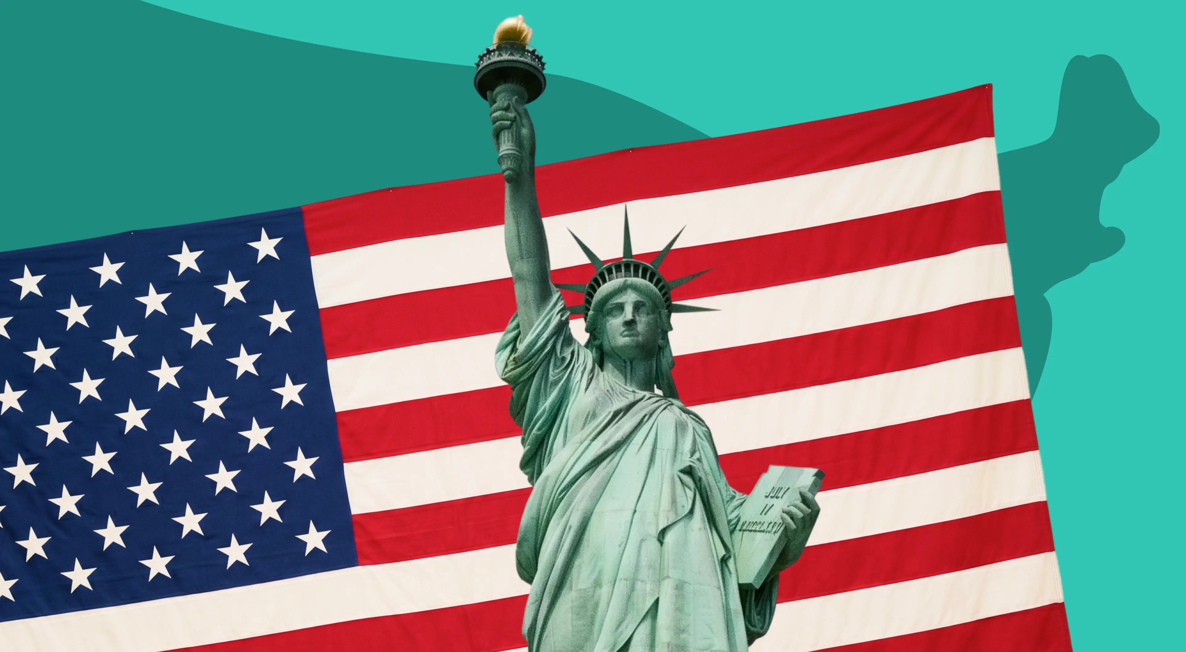 Statue of Liberty standing in front of a large American flag with red, white, and blue stripes and stars against a teal background