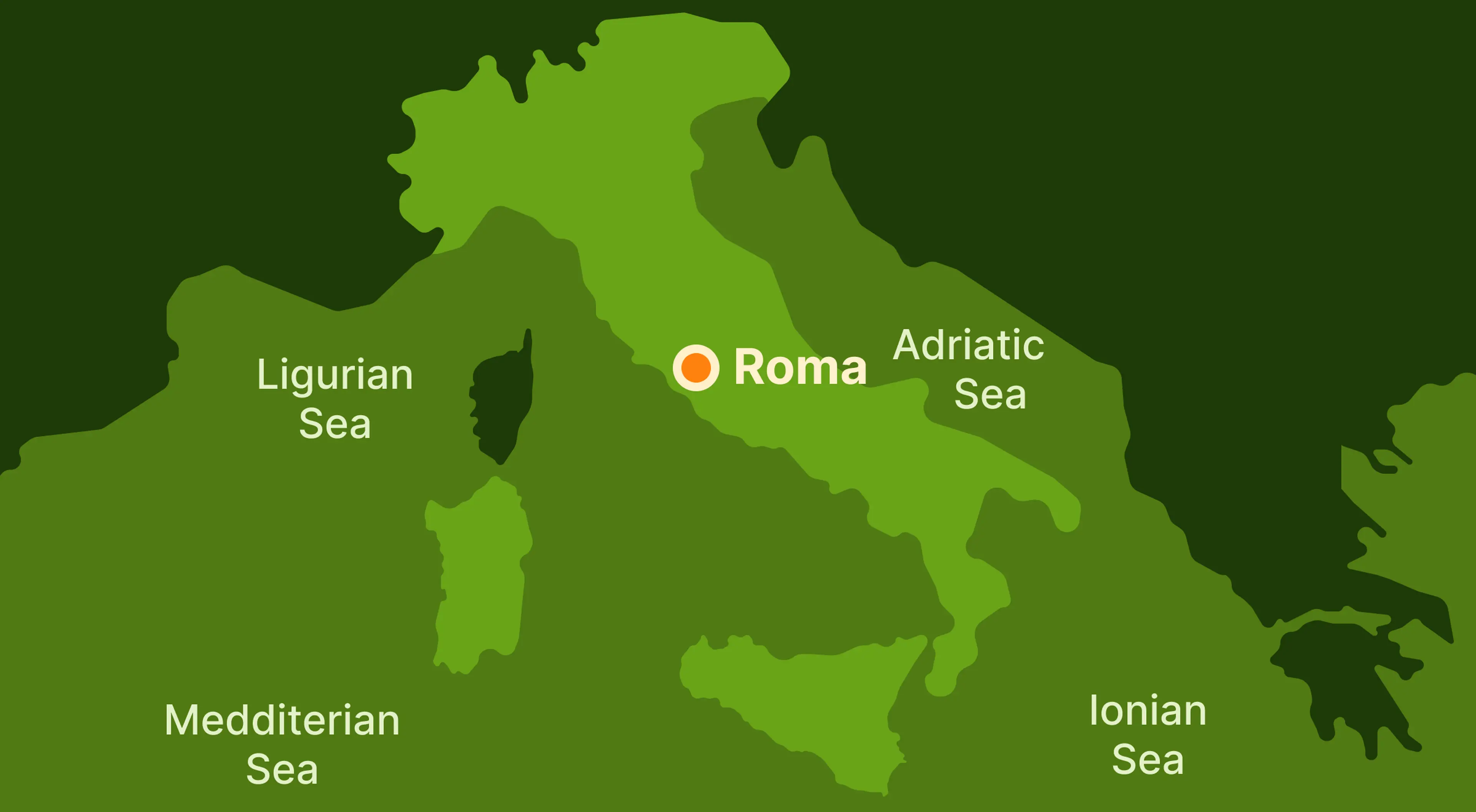 Illustrated green map of Italy on a dark green background with Rome marked and surrounding seas labeled including Adriatic, Ionian, Ligurian, and Mediterranean