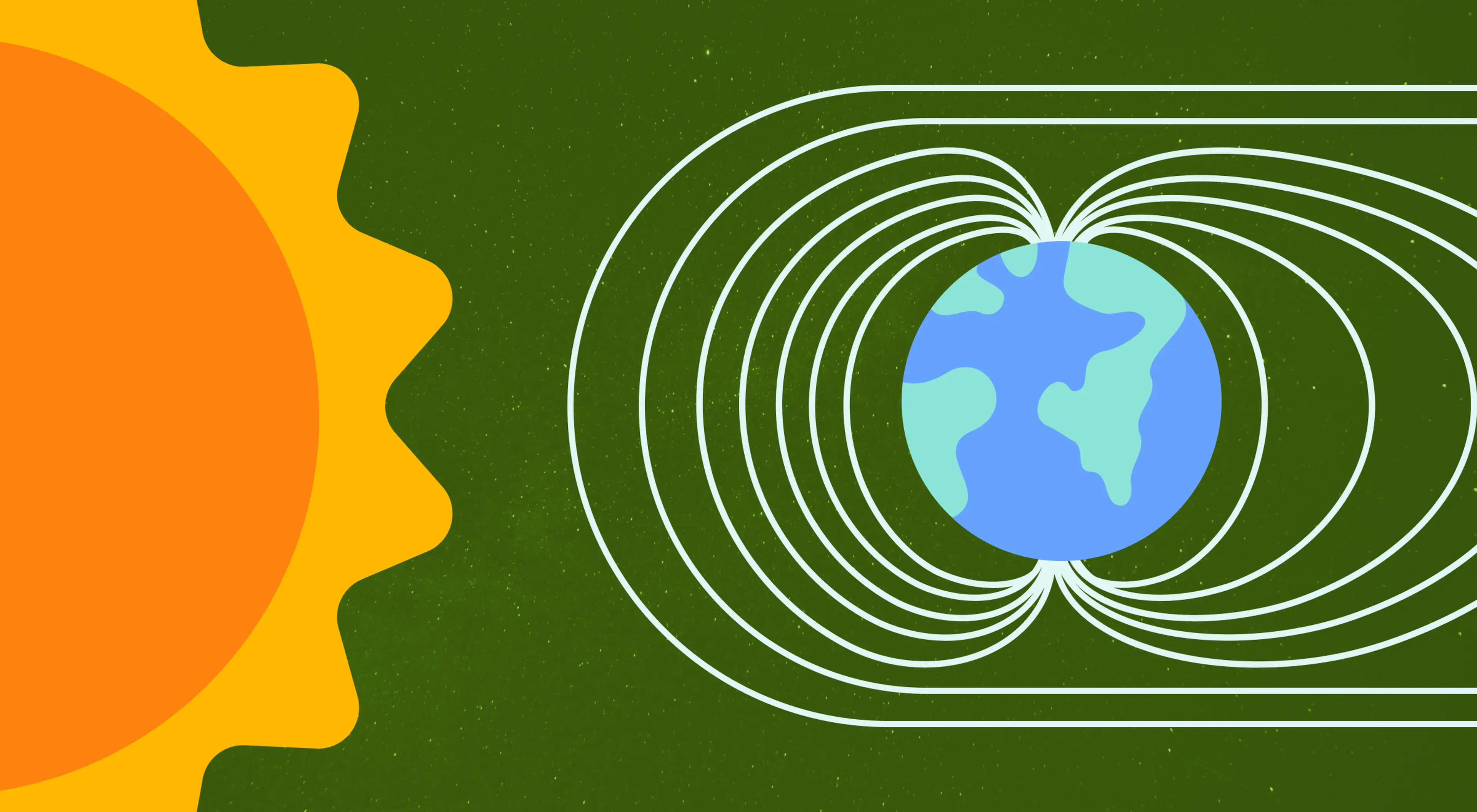 Flat illustration of Earth's magnetic field shown as white curved field lines surrounding the globe with the Sun emitting solar energy on the left against a dark green space background