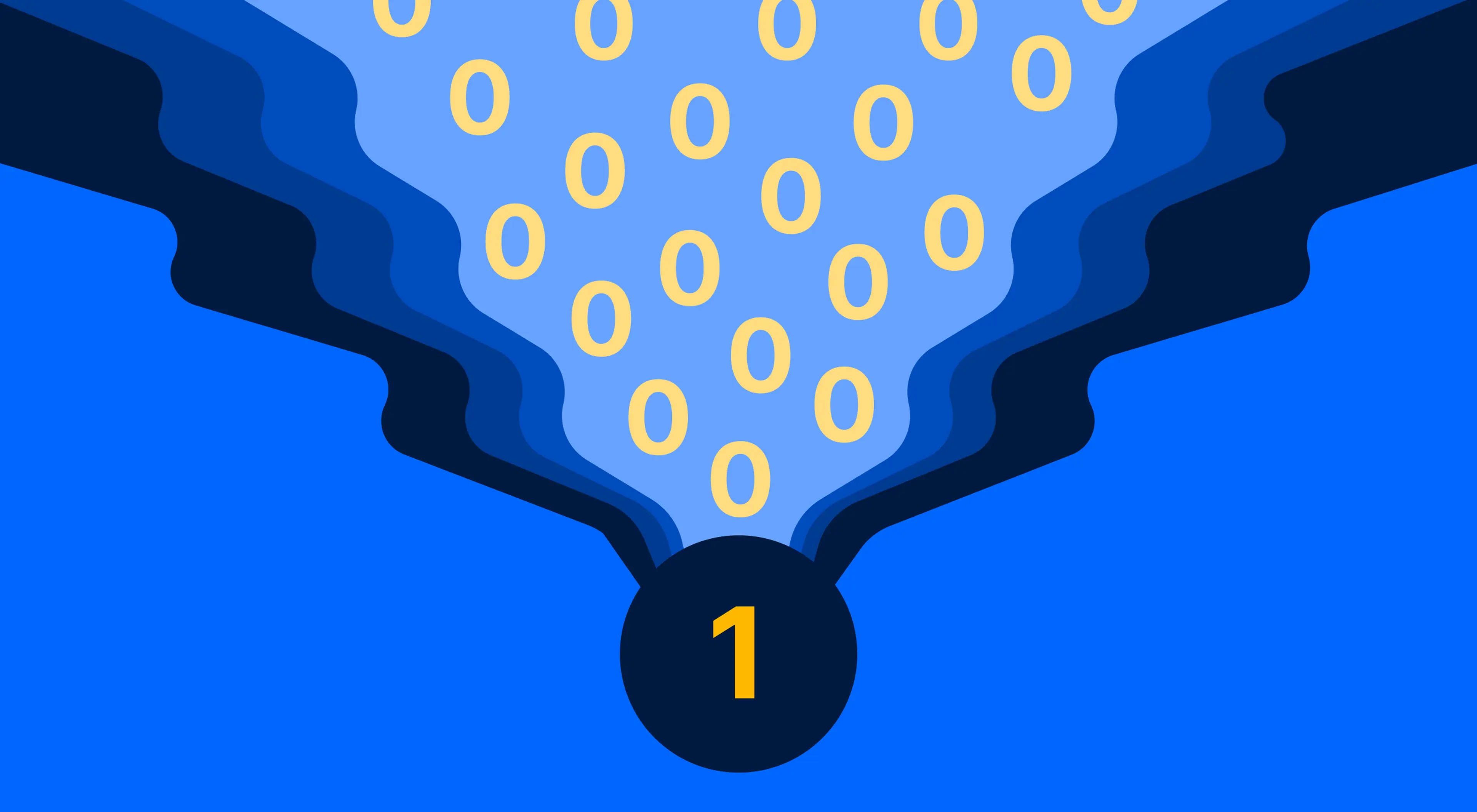 Illustration of multiple golden zeros funneling down into a single dark circle with the number 1 on a blue layered background, symbolizing math division by zero