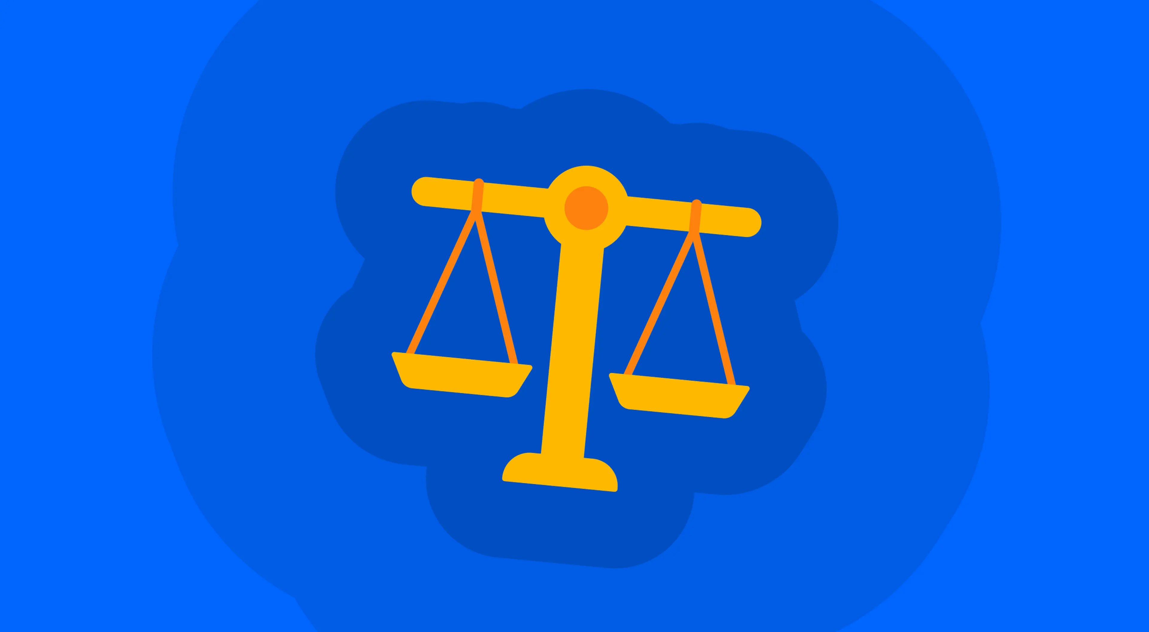 Illustrated golden scales of justice on a blue background, symbolizing balance and the US checks and balances system