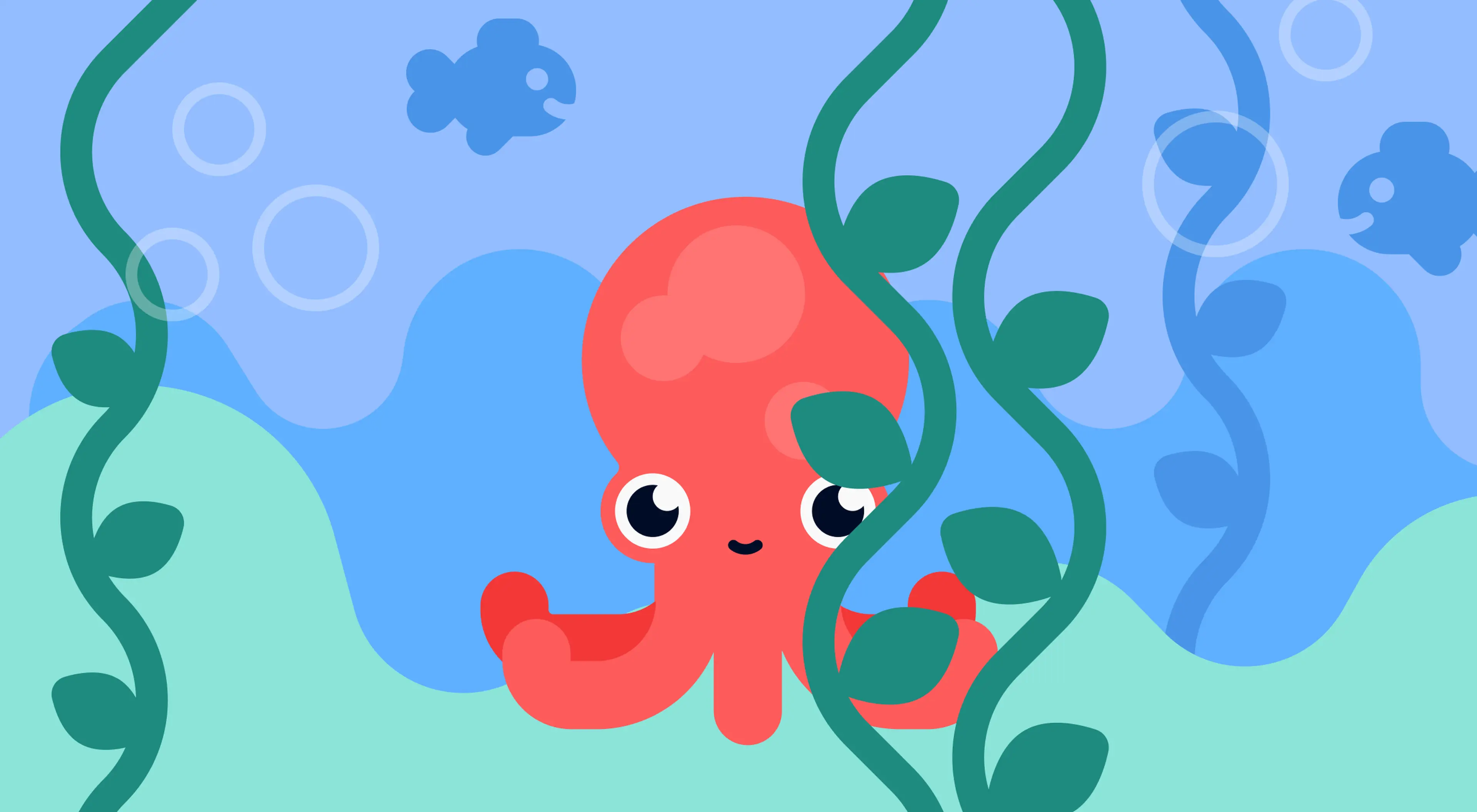Cute cartoon red octopus surrounded by seaweed and bubbles in an underwater scene with a speech bubble, representing animal trivia about masters of disguise_