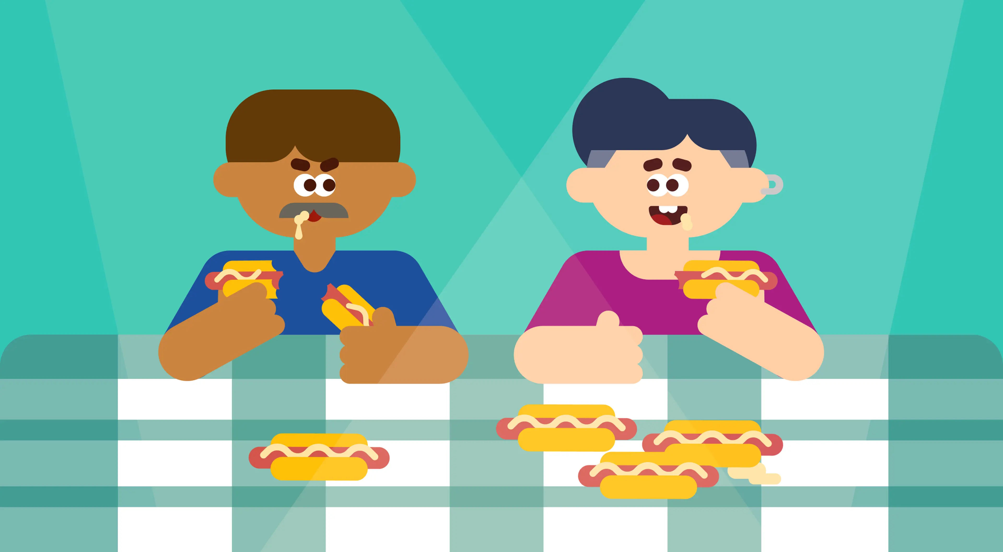 Two illustrated cartoon people competing in a 4th of July hot dog eating contest, sitting at a table with multiple hot dogs on a teal background (1)
