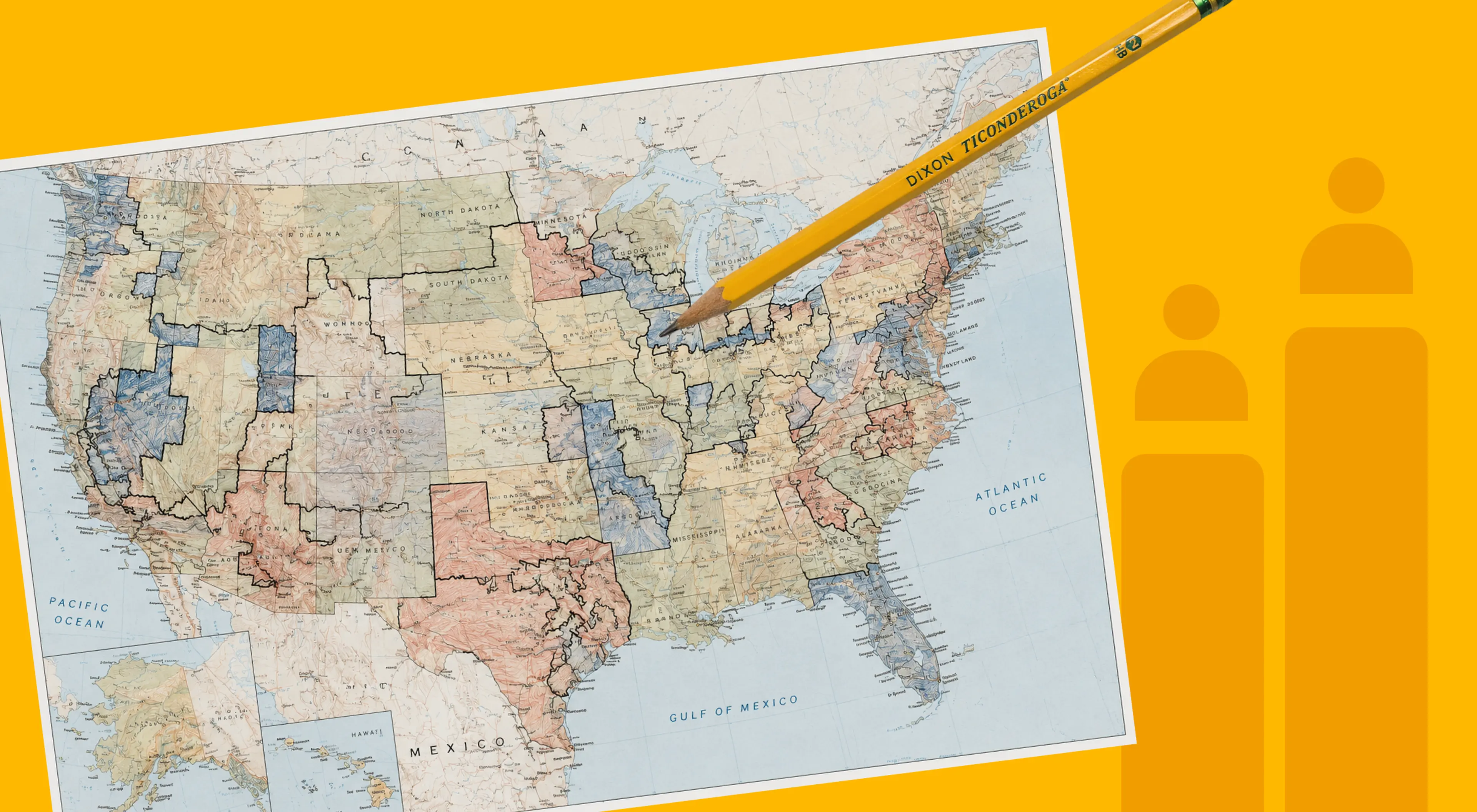 Detailed paper map of the United States with a pencil on top, placed on a yellow background with illustrated people and bar chart icons representing voter data