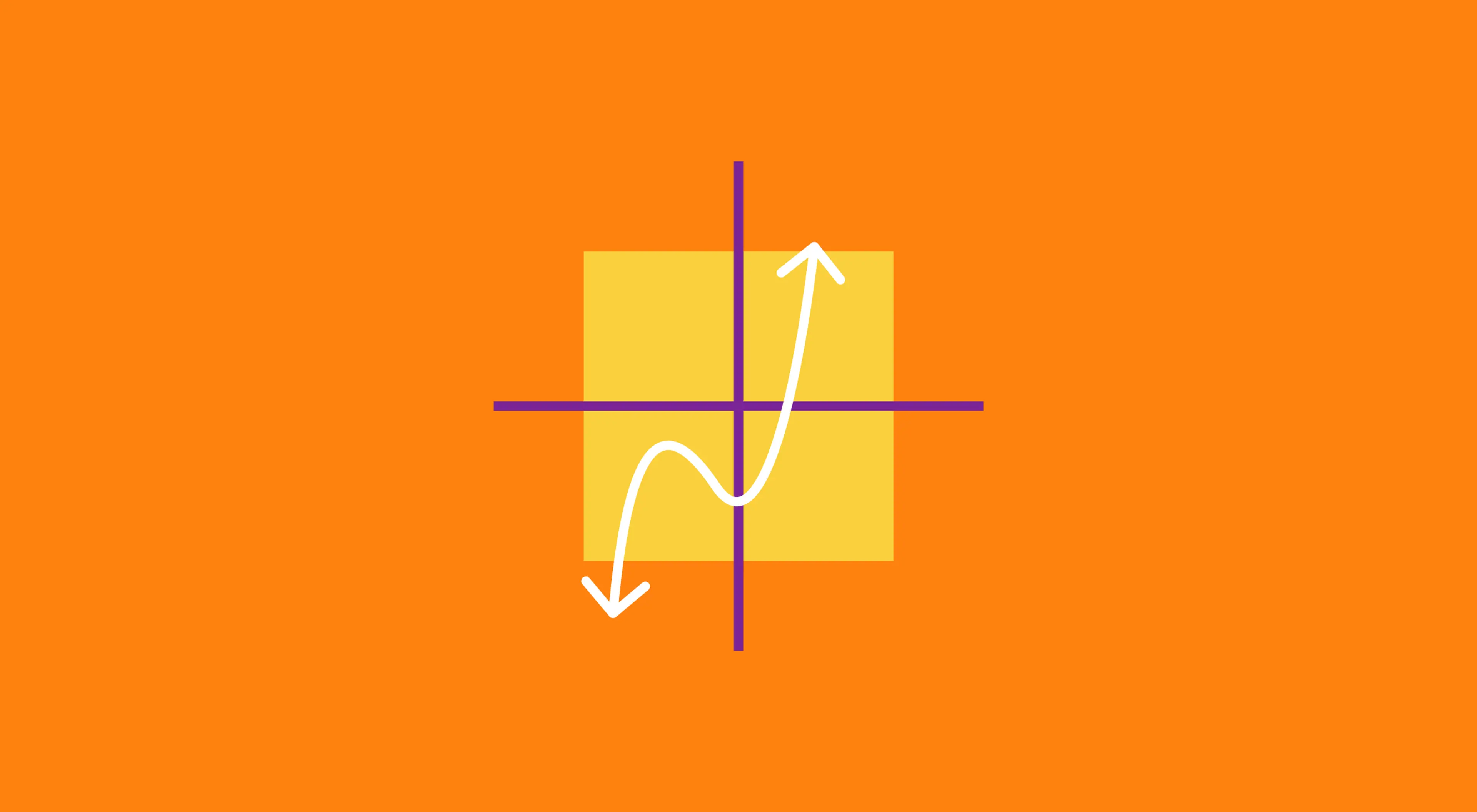Illustration of a curved white arrow moving through a coordinate axis on an orange background with a yellow square, representing an easy math graph concept