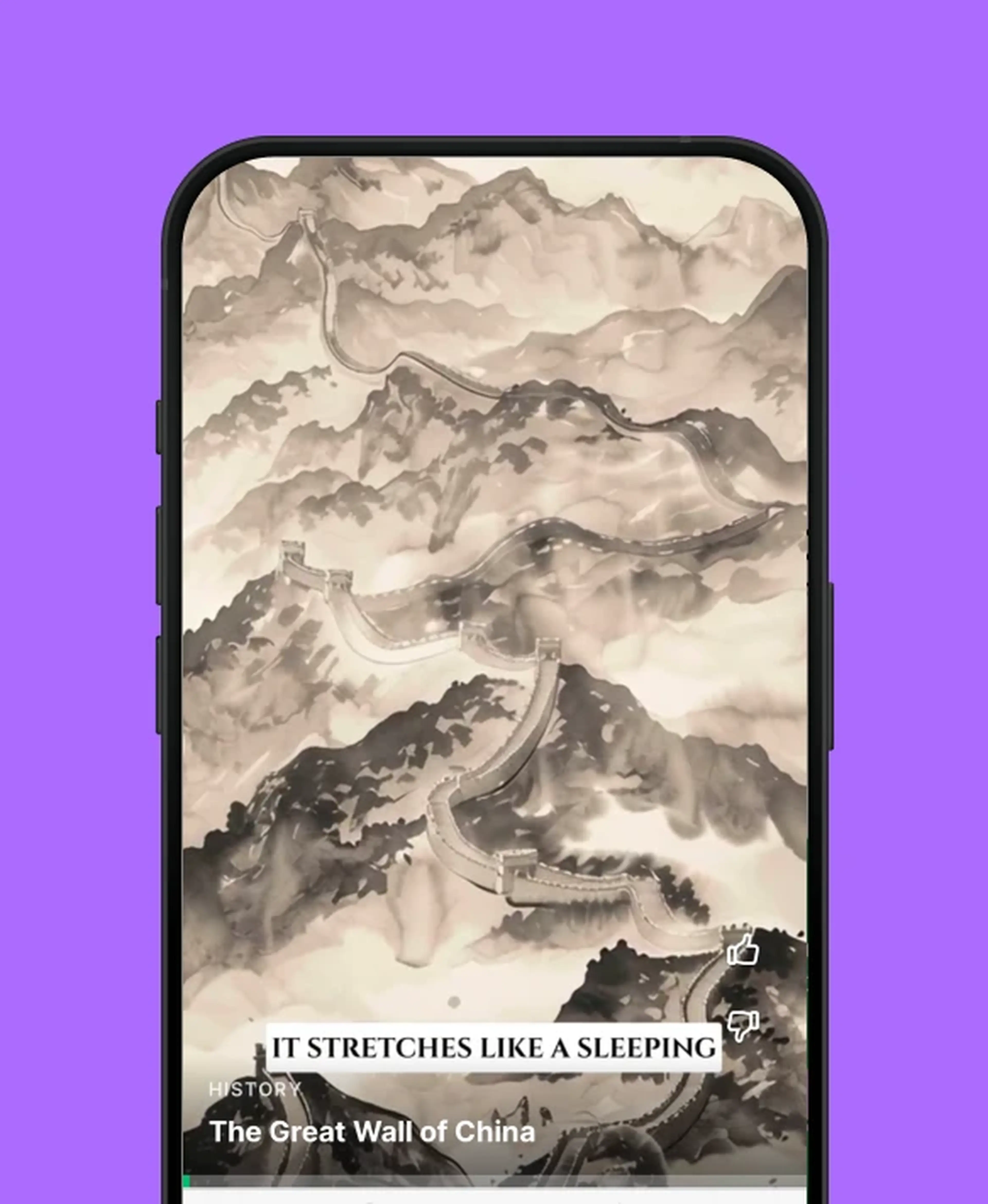 Nibble app lesson screen with a misty ink-style mountain landscape illustrating the Great Wall of China stretching across the horizon