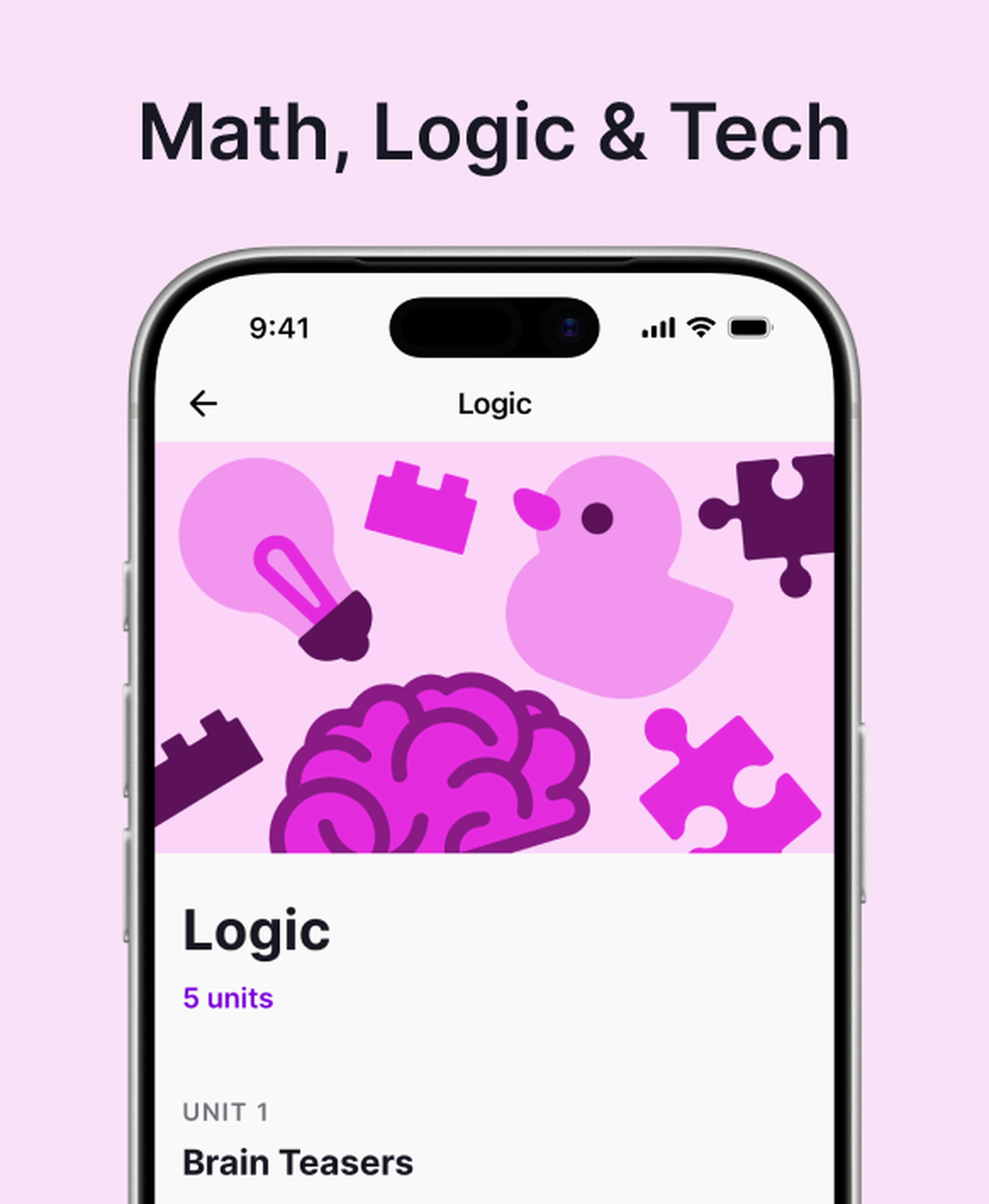 Nibble app Logic course on an iPhone under a Math, Logic and Tech heading, showing a pink illustration of a brain, lightbulb, rubber duck and puzzle pieces above 5 units and Unit 1 Brain Teasers