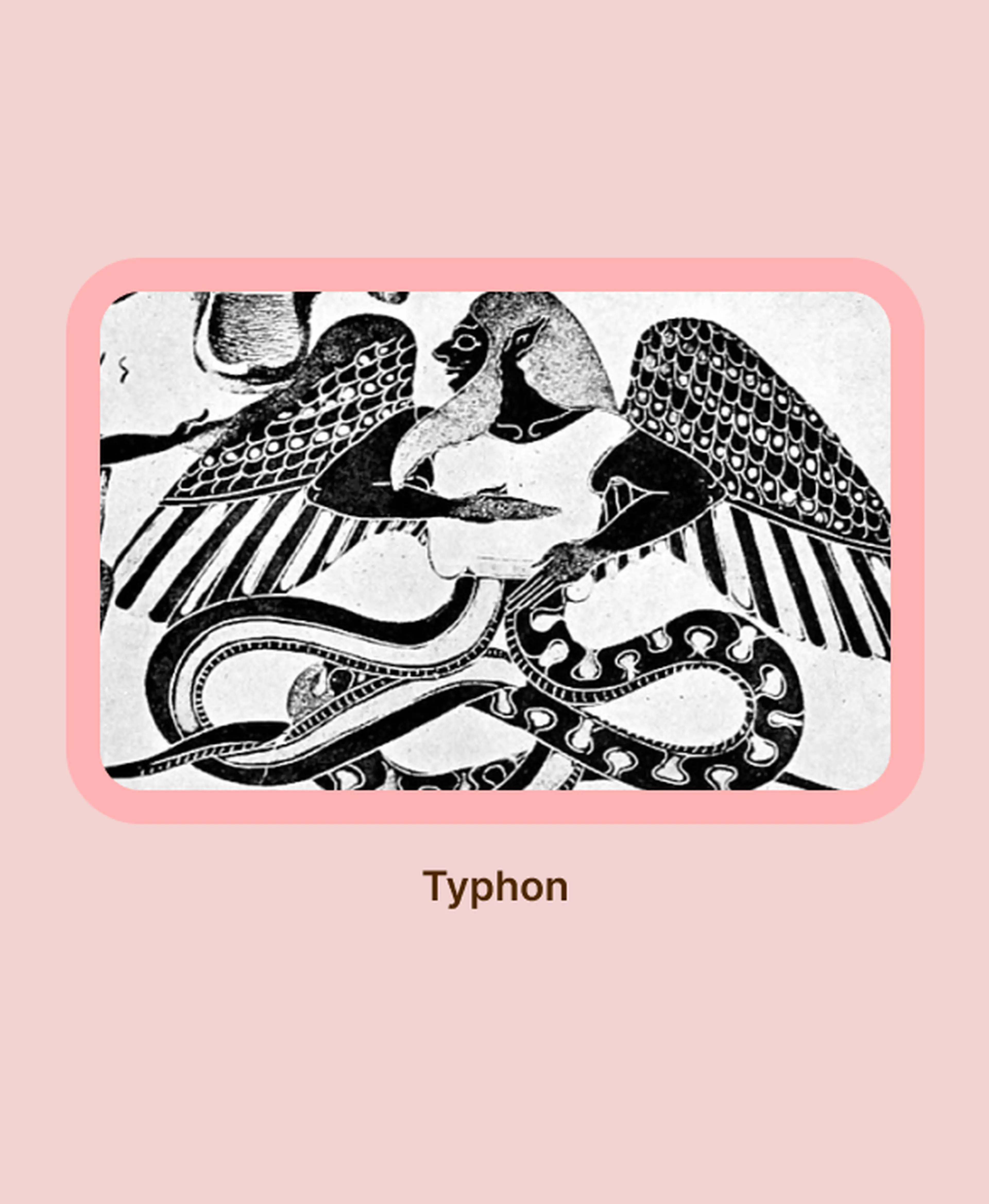 Ancient Greek black-figure vase illustration of Typhon, a winged monster with serpent coils, from Greek mythology tales linked to Nemesis, framed in pink