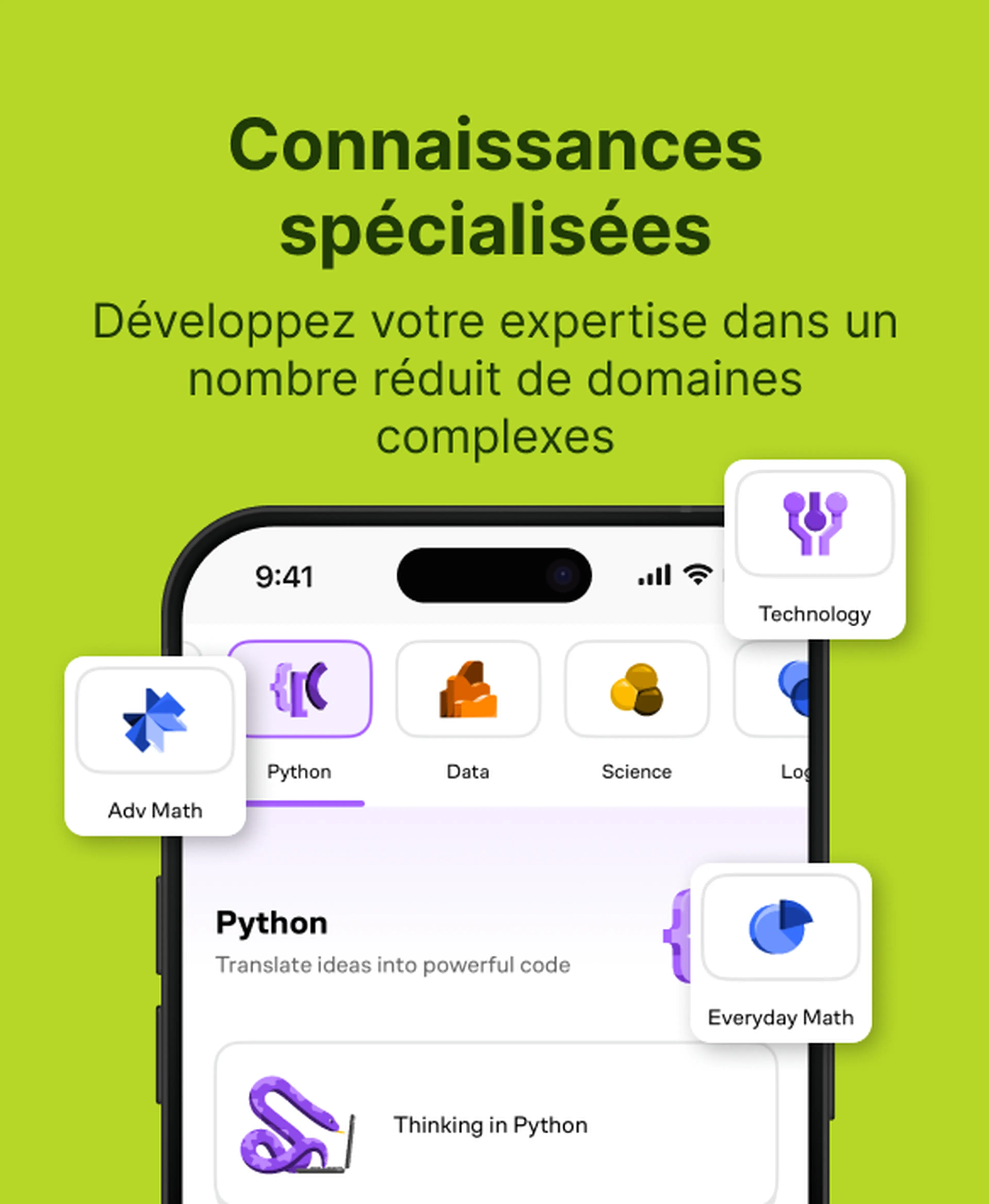 Application d'apprentissage Brilliant comparée à Nibble affichant des domaines spécialisés comme Python, Data, Science et Technology sur un smartphone à l'écran vert