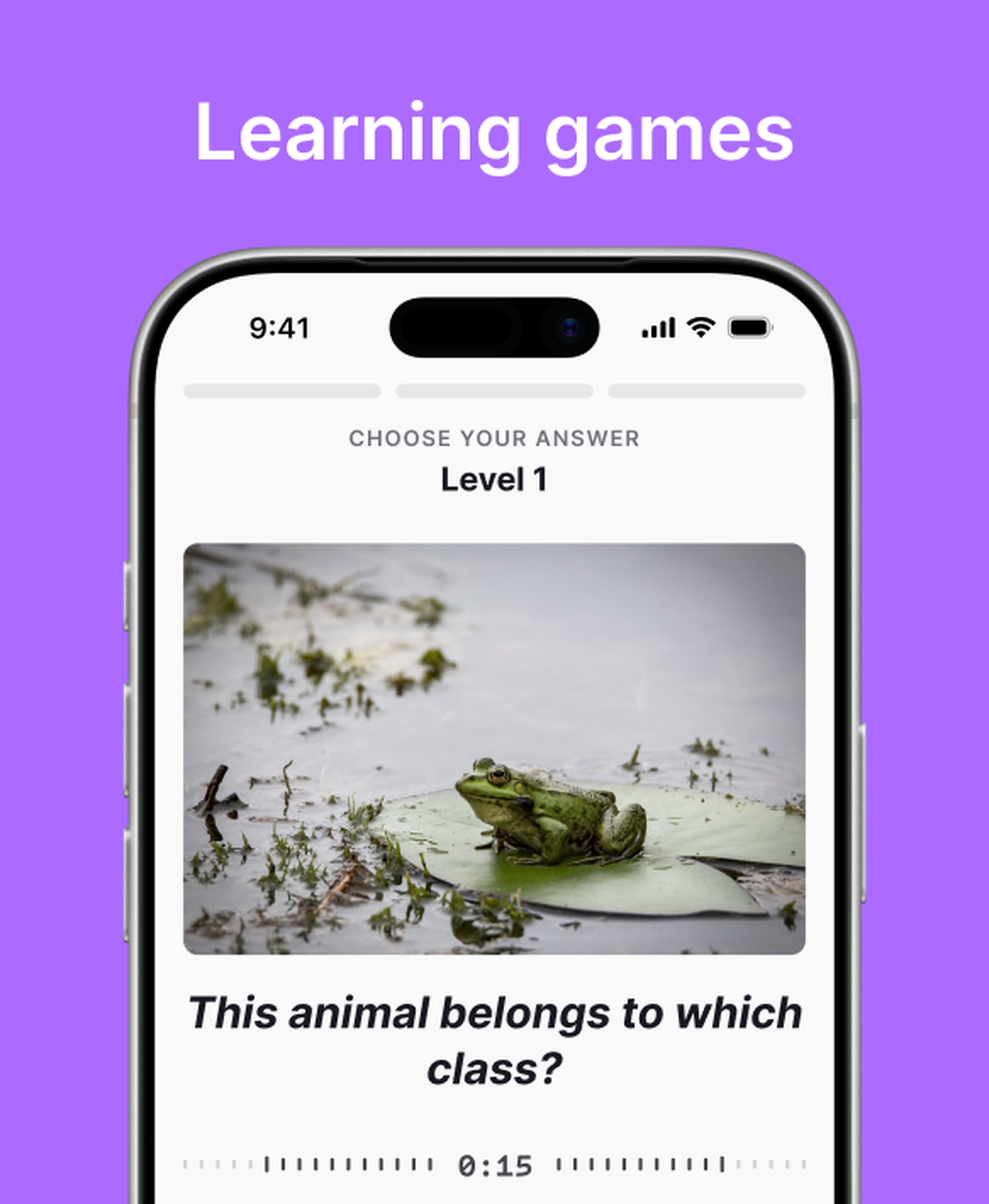 Nibble learning games shown on an iPhone, with a Level 1 quiz question asking which class a green frog sitting on a lily pad belongs to, set on a soft lilac background