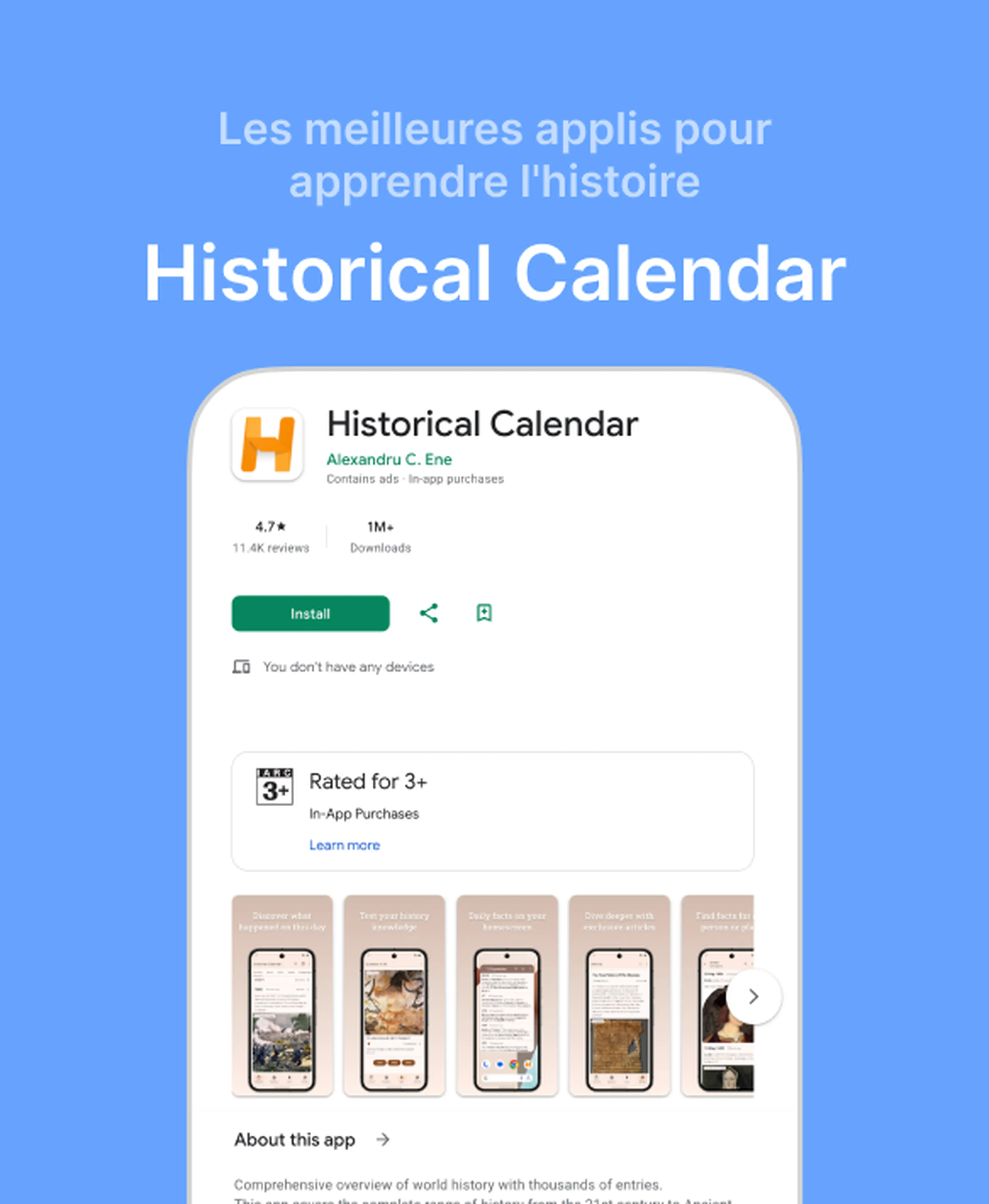 Page Google Play de l'application Historical Calendar, l'une des meilleures apps pour apprendre l'histoire, avec sa note, ses captures d'écran et son bouton d'installation