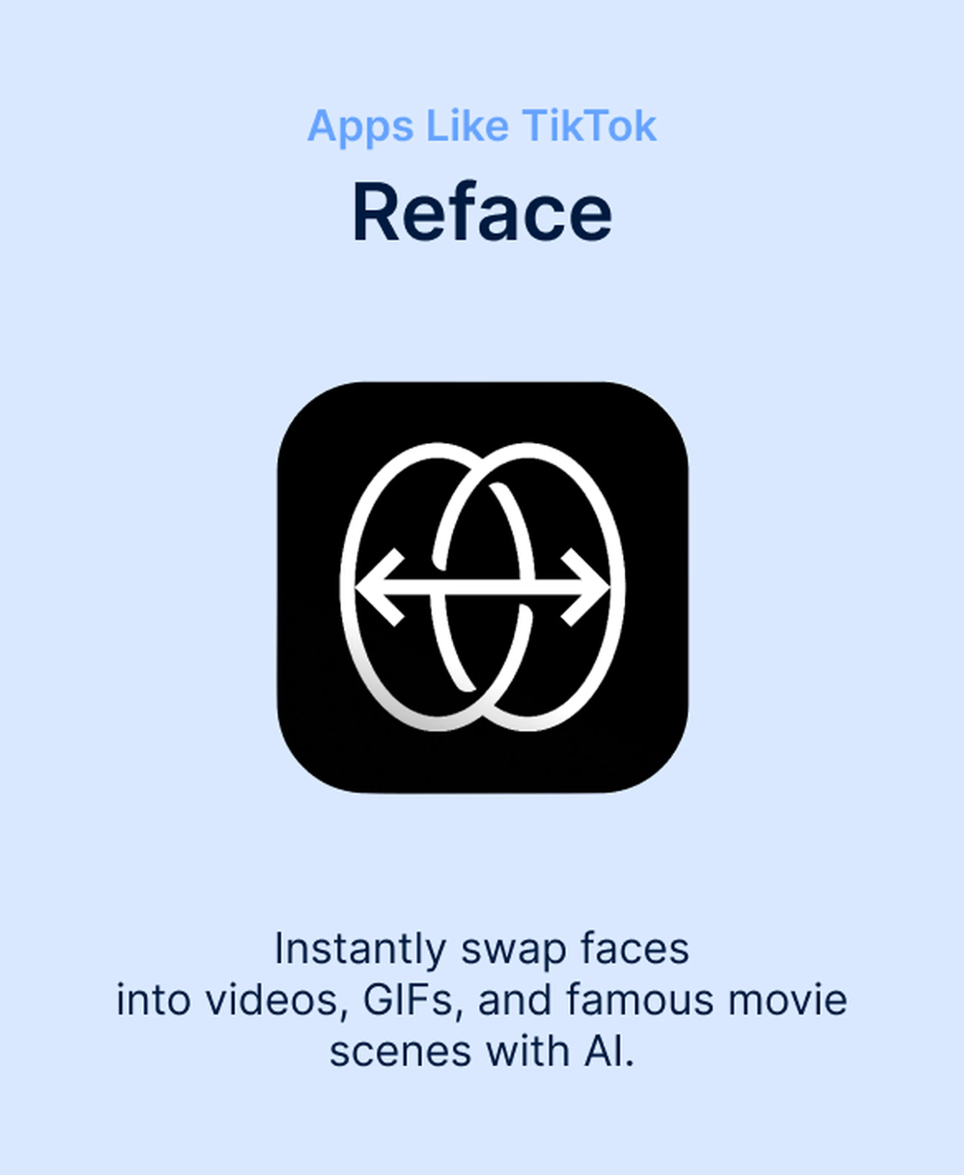 Reface app icon on a light blue background, listed among apps like TikTok for instantly swapping faces into videos, GIFs, and famous movie scenes with AI