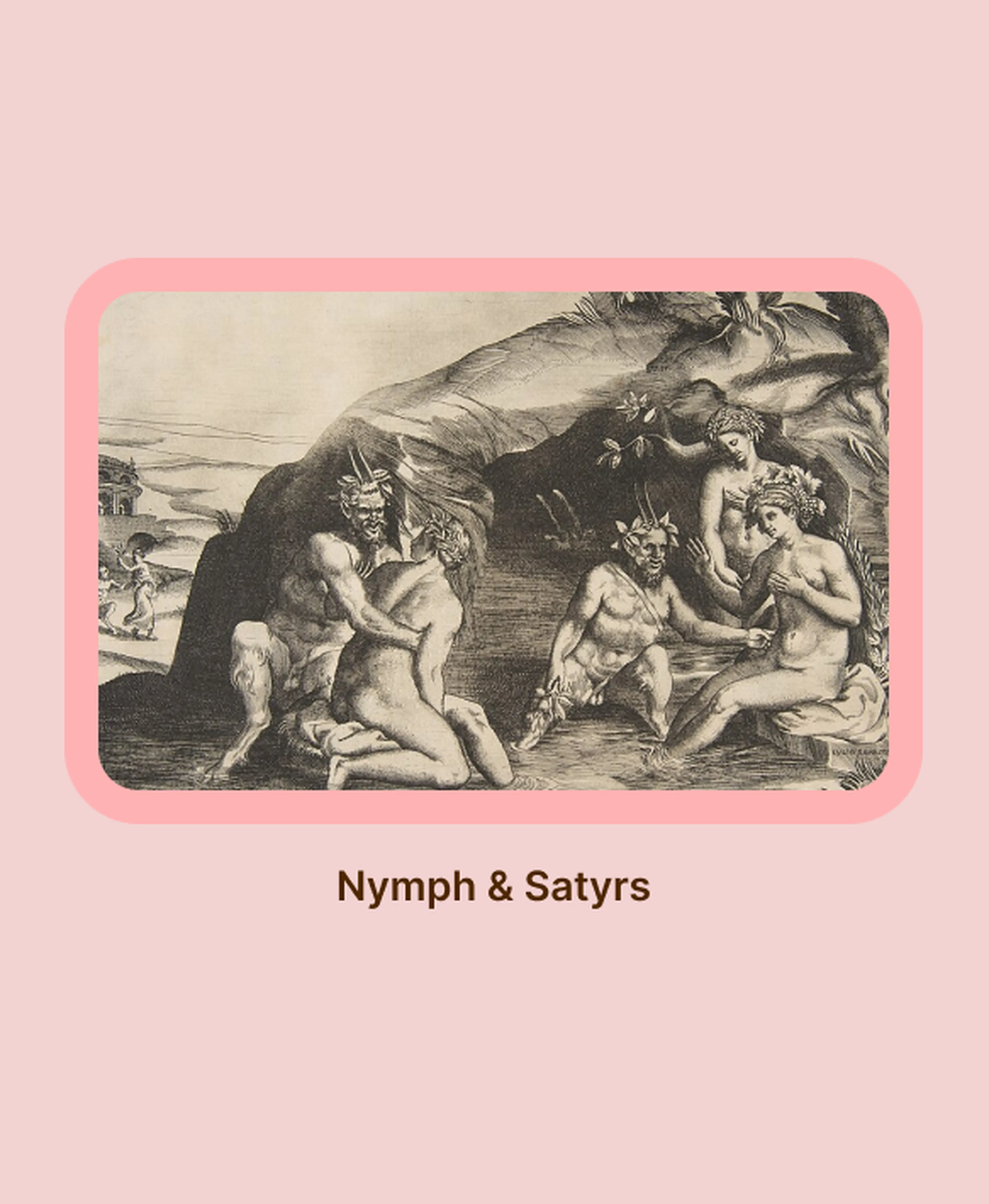 Vintage engraving of nymphs and satyrs in a mythological landscape, illustrating figures from Nemesis Greek mythology, set within a pink border frame