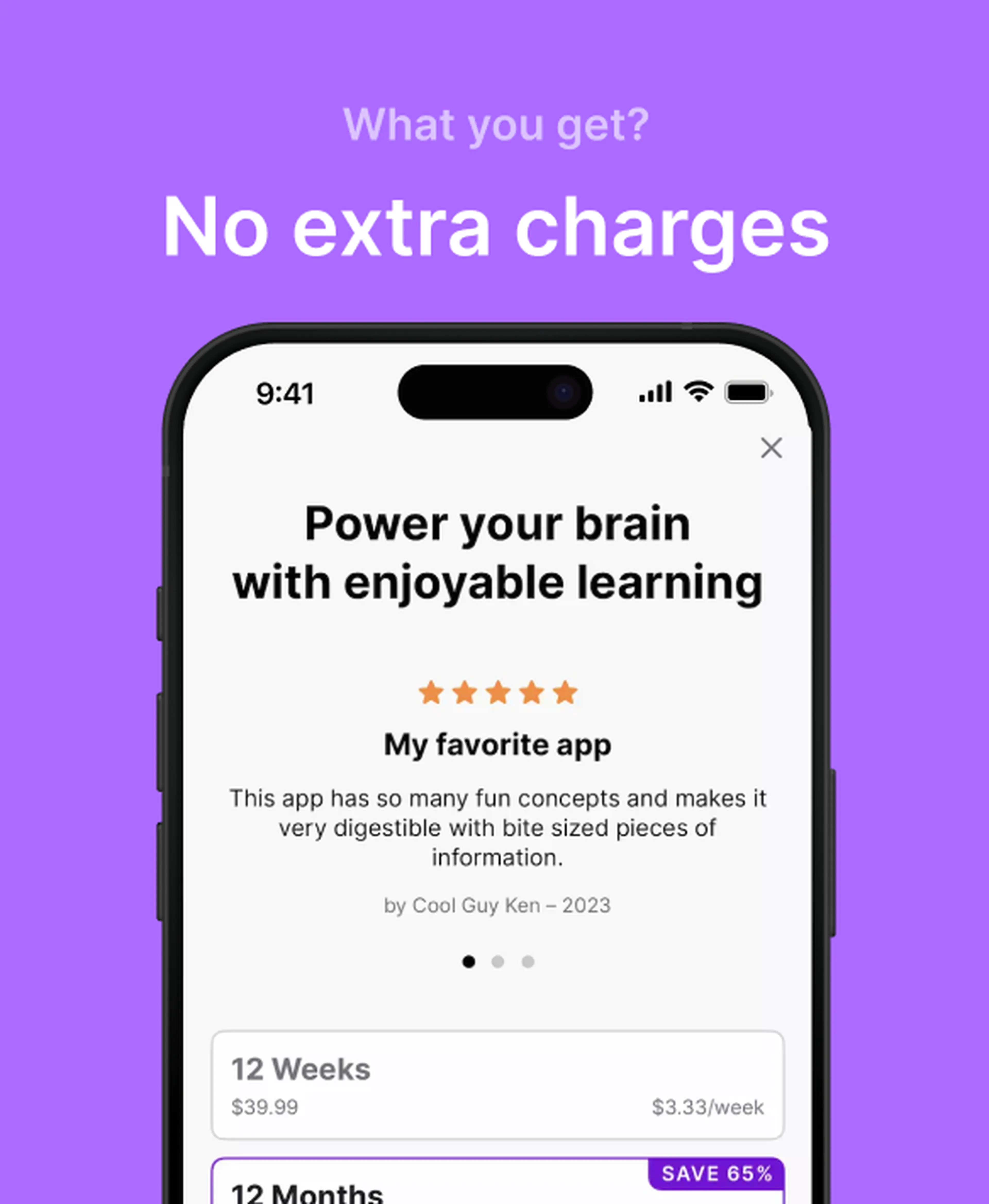 Nibble app subscription screen on a purple background showing a five-star review, No extra charges heading, and pricing plans revealing how much Nibble costs per week
