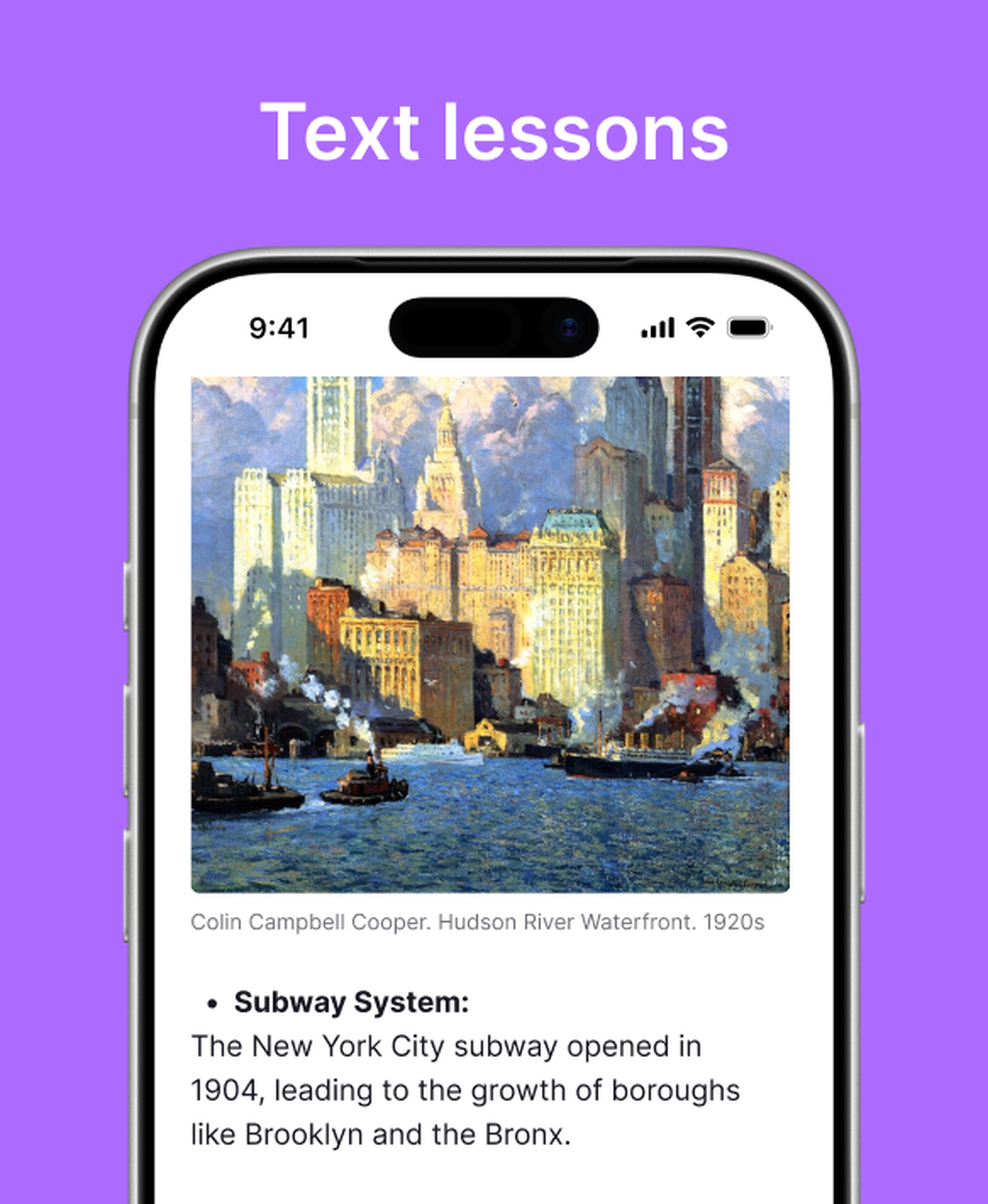 Nibble app text lesson on an iPhone under a Text lessons heading, showing Colin Campbell Cooper's painting Hudson River Waterfront of the New York skyline above a fact about the New York City subway system, on a purple background