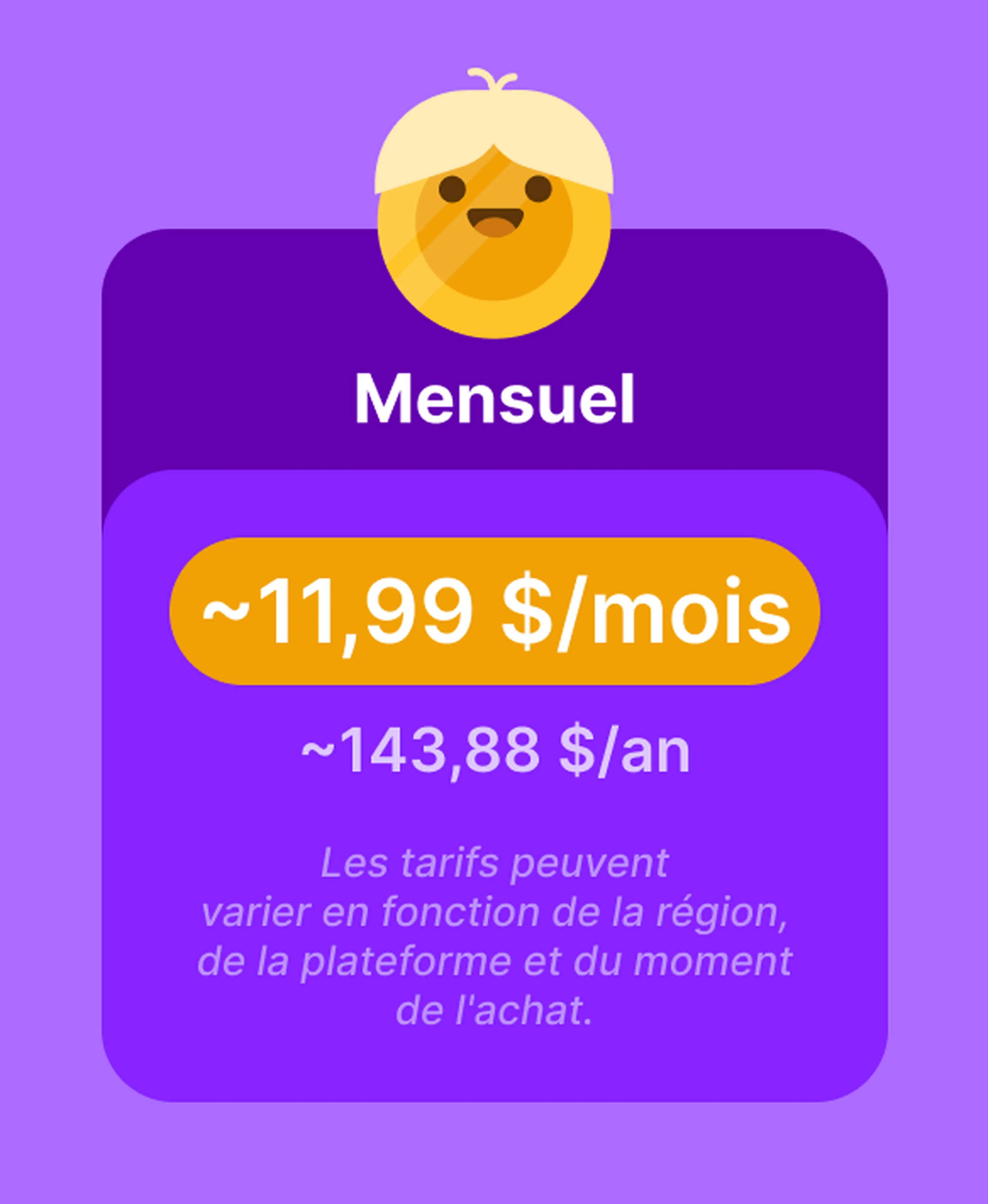 Carte de tarification mensuelle de Nibble affichant environ 11,99 $ mois soit 143,88 $ an, avec une mascotte souriante jaune sur fond violet