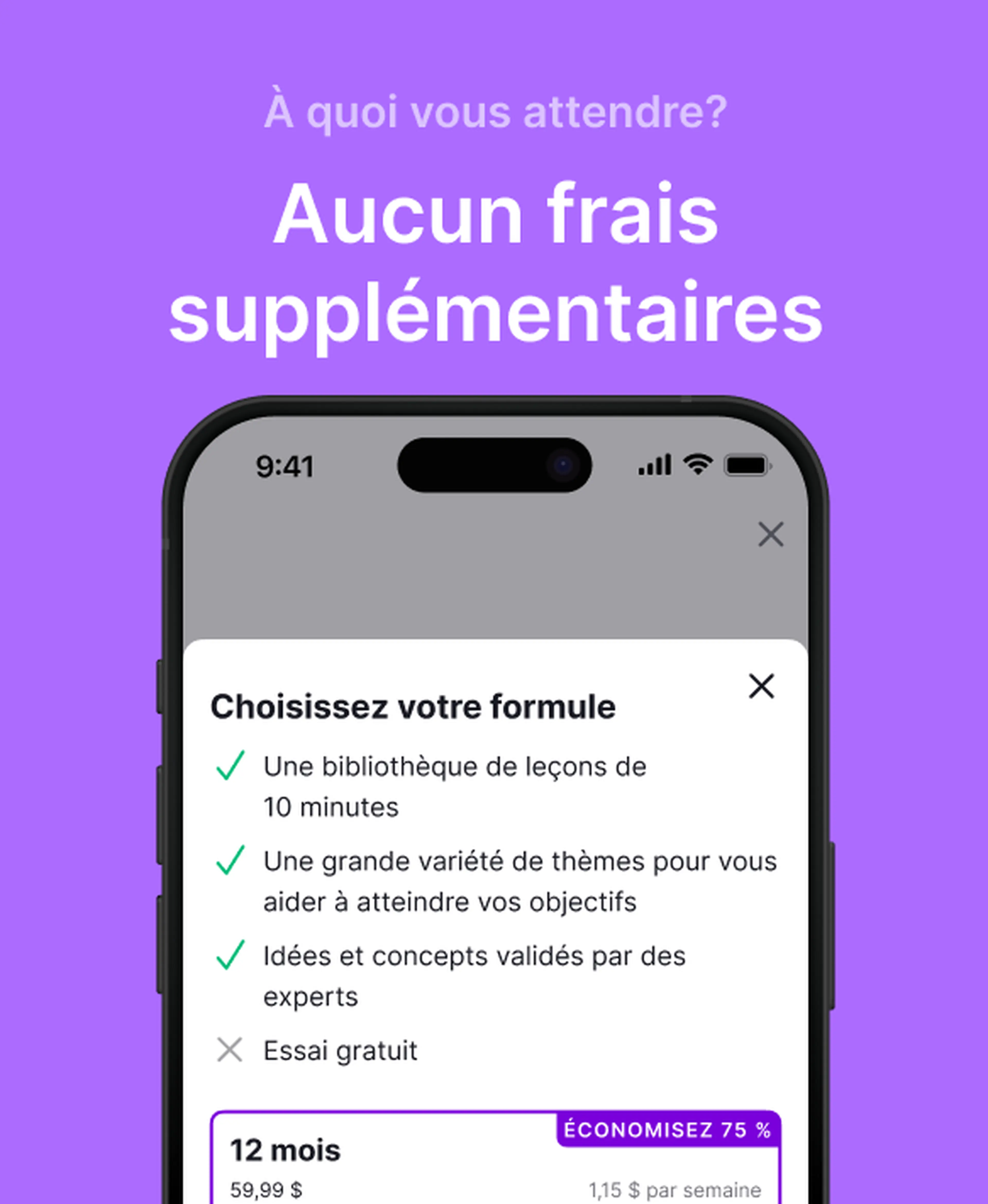 Écran de smartphone présentant les formules d'abonnement Nibble sans frais supplémentaires, avec une liste d'avantages et un forfait de 12 mois à 59,99 $ soit 1,15 $ par semaine sur fond violet