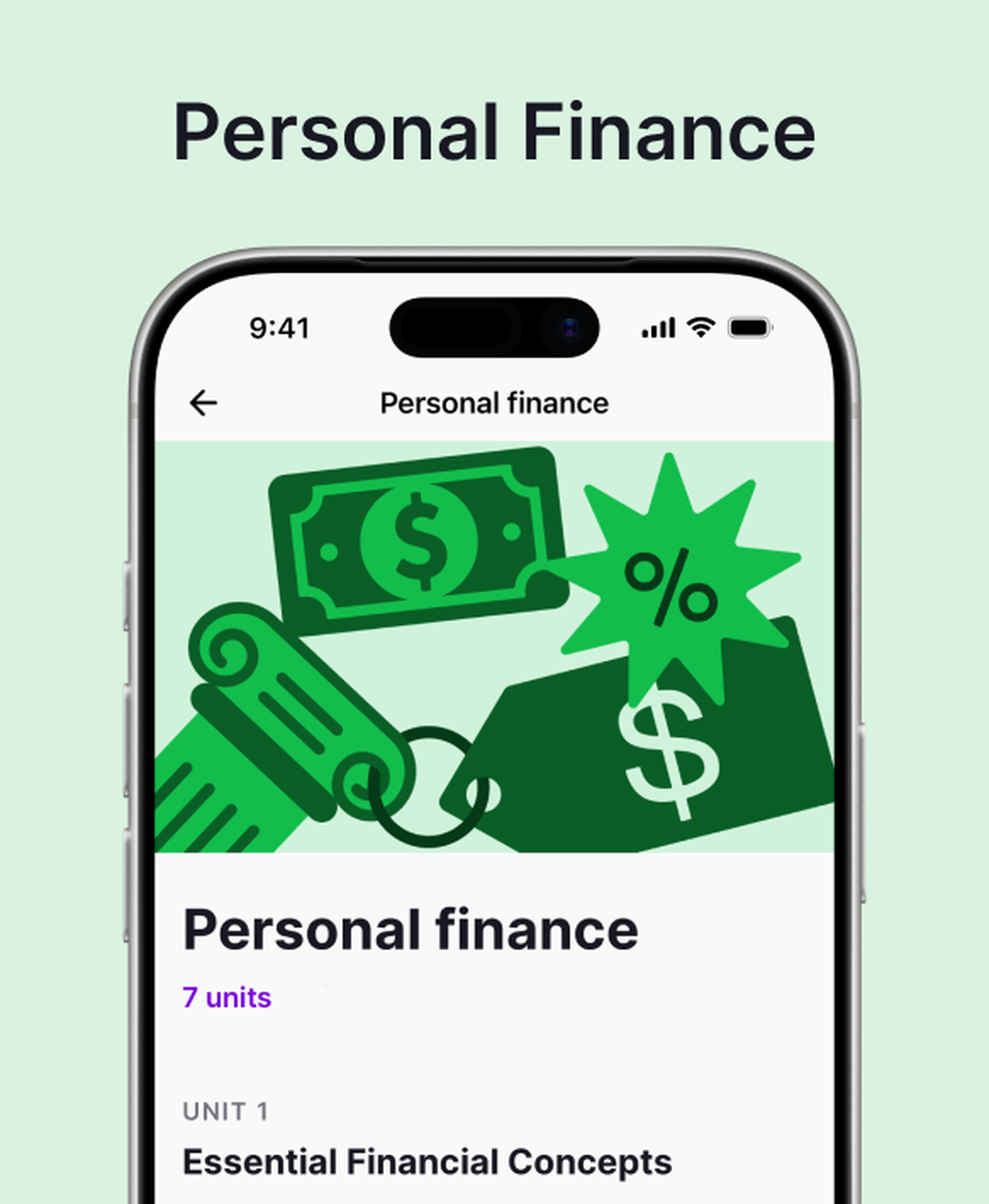 Smartphone showing the Nibble app's Personal Finance course with 7 units and Unit 1 Essential Financial Concepts, featuring green illustrations of a dollar bill, percentage star and price tags