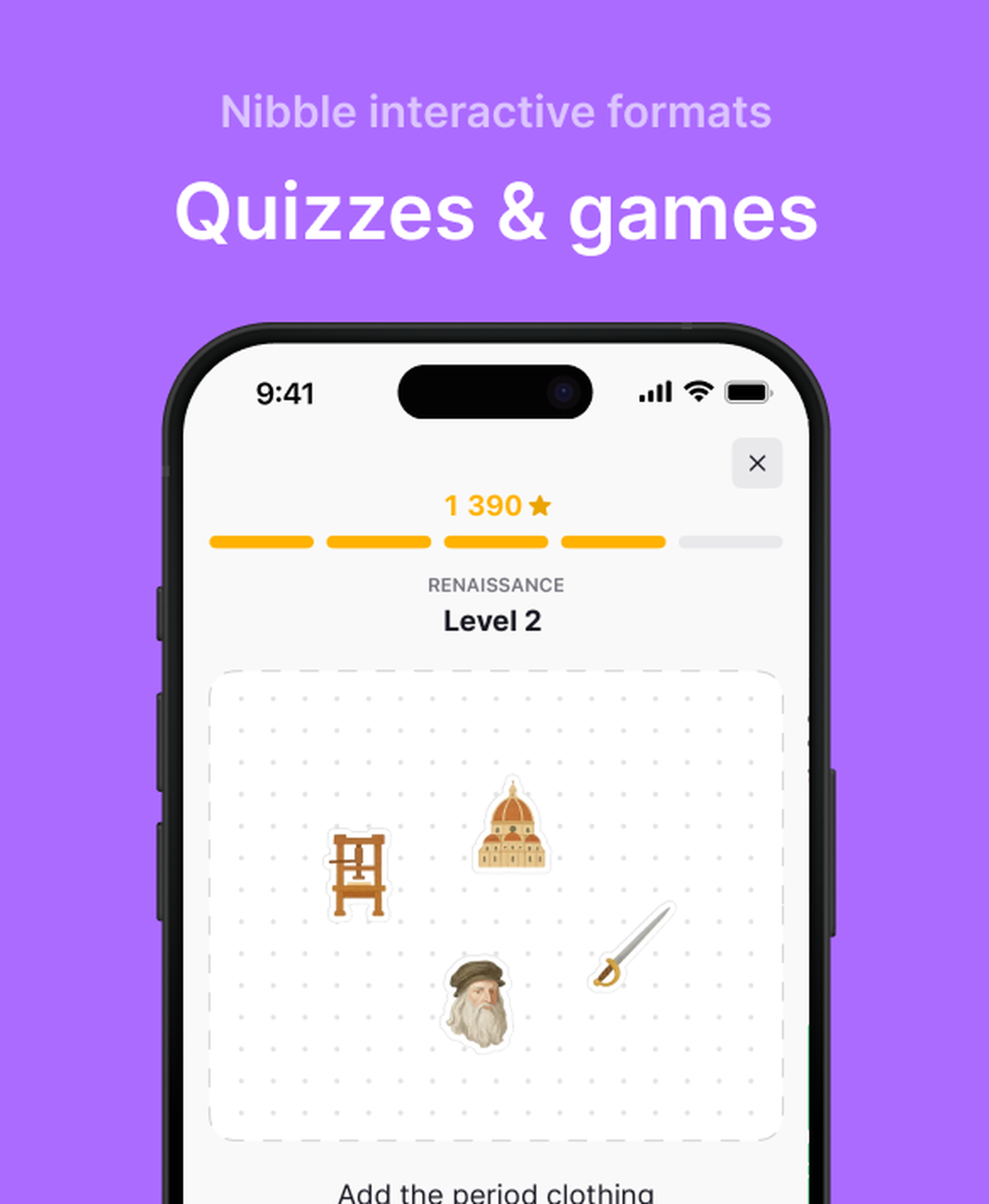 Smartphone showing Nibble app quizzes and games with a Renaissance Level 2 challenge featuring illustrated icons among Nibble learning topics on a purple background