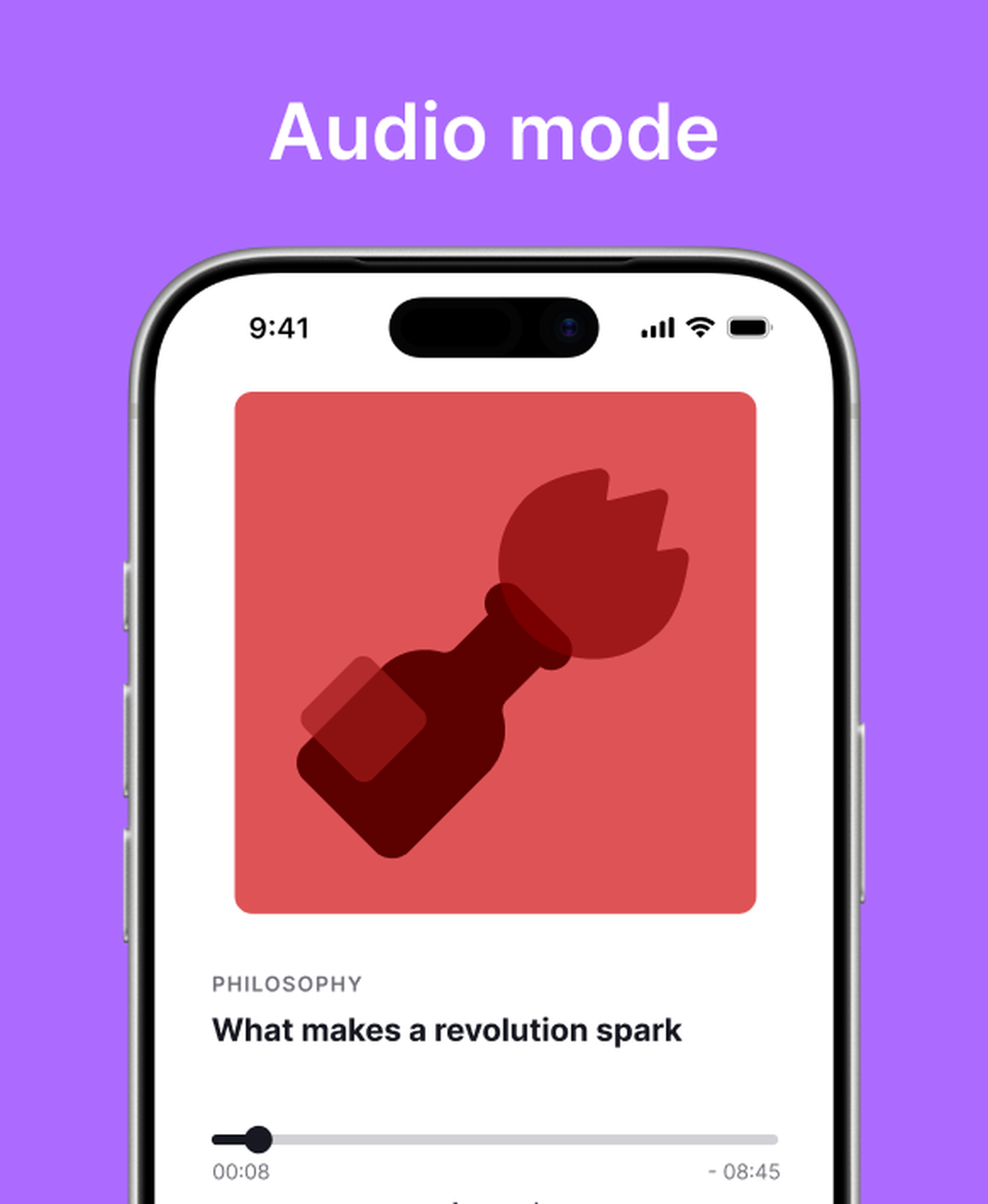 Nibble app audio lesson on an iPhone under an Audio mode heading, showing a red cover with a flaming bottle illustration for the Philosophy episode What makes a revolution spark with a playback bar, on a purple background