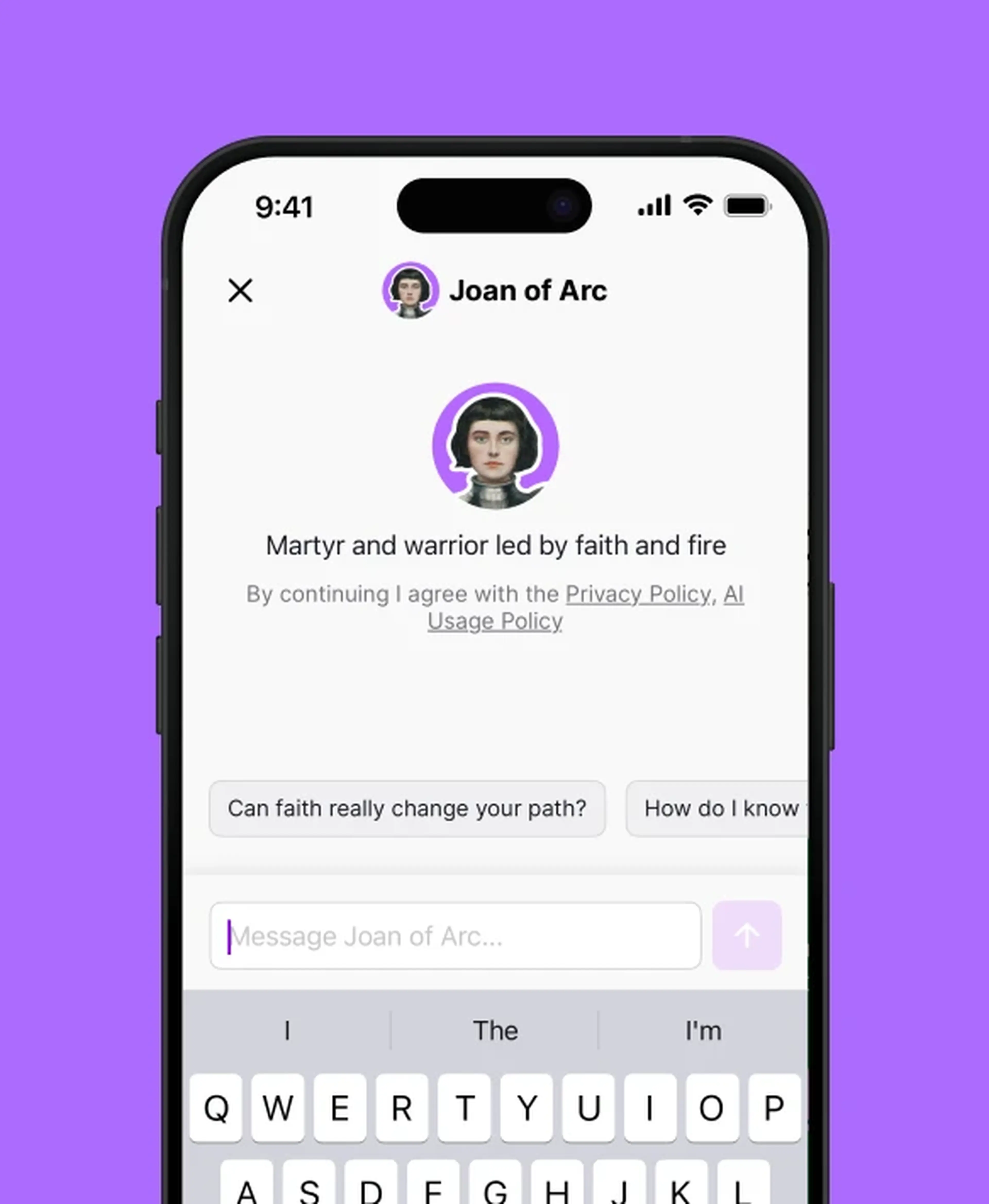 Nibble app AI chat conversation with an illustrated Joan of Arc character described as a martyr and warrior led by faith and fire