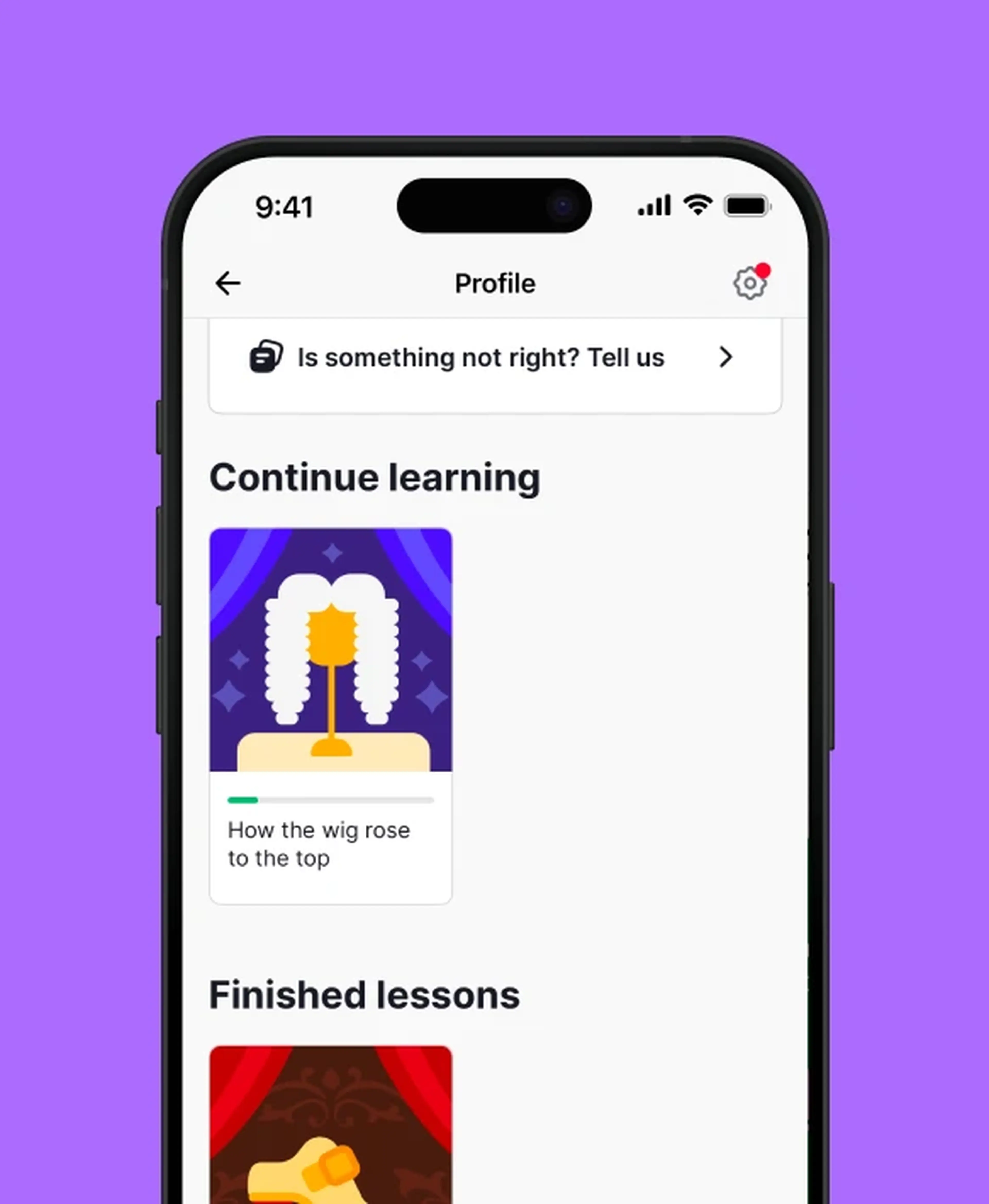 Nibble app profile screen showing continue learning and finished lessons sections with illustrated lesson thumbnails tracking daily progress