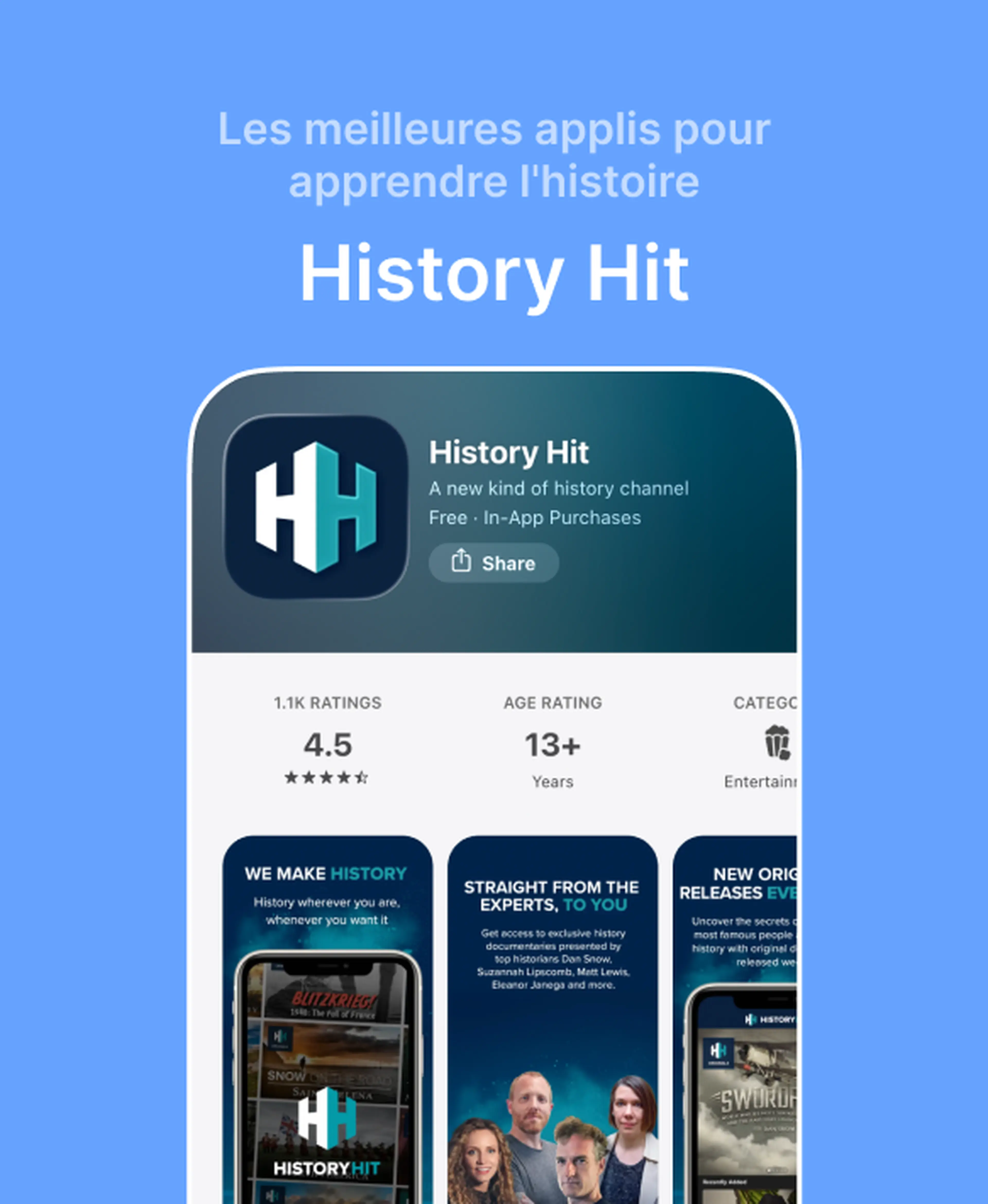 Page de l'App Store de History Hit, l'une des meilleures applis pour apprendre l'histoire, affichant une note de 4,5 étoiles et des aperçus de documentaires historiques