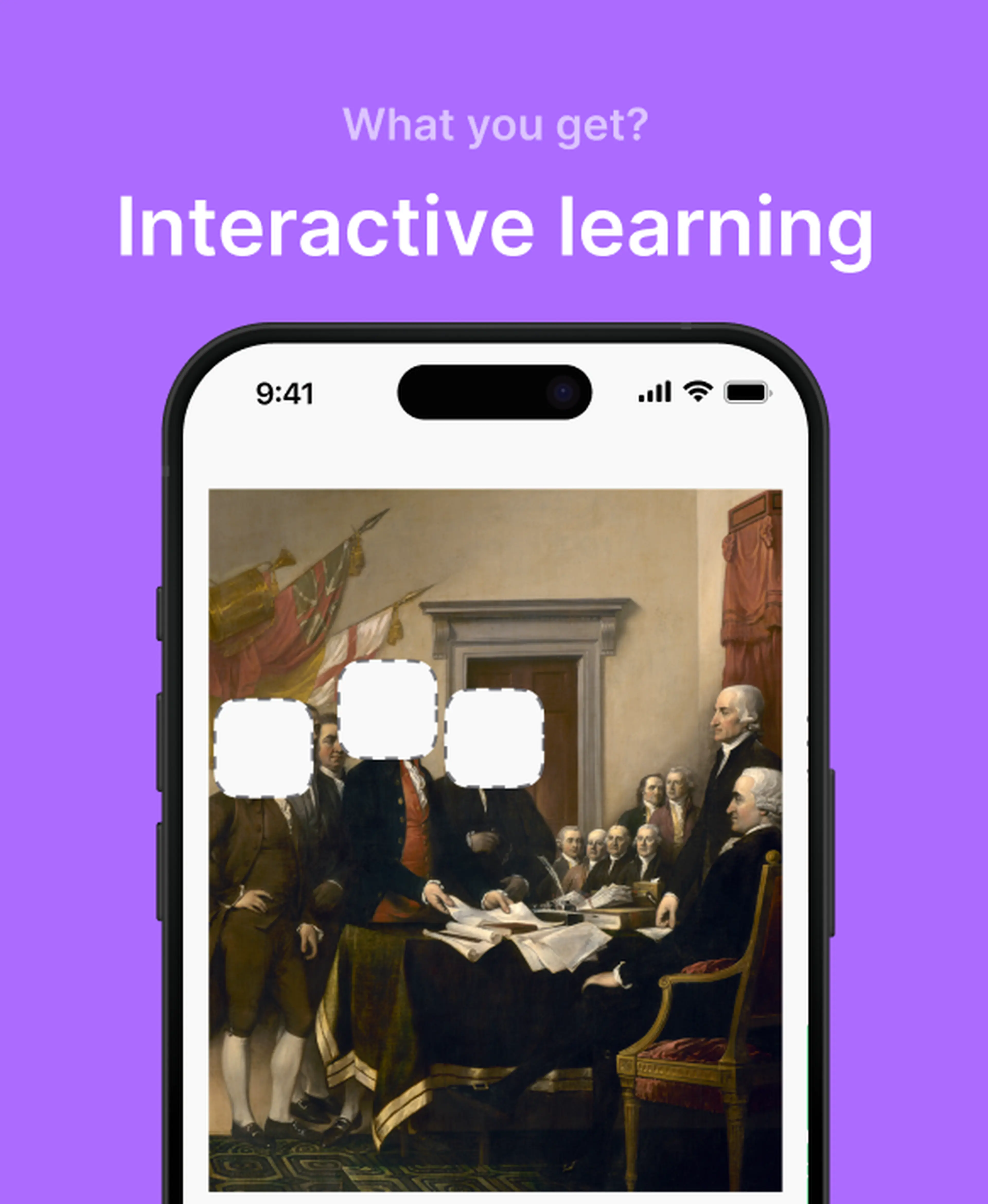 Nibble app interactive learning feature shown on a smartphone displaying John Trumbull's Declaration of Independence painting with hidden tiles, set against a purple background
