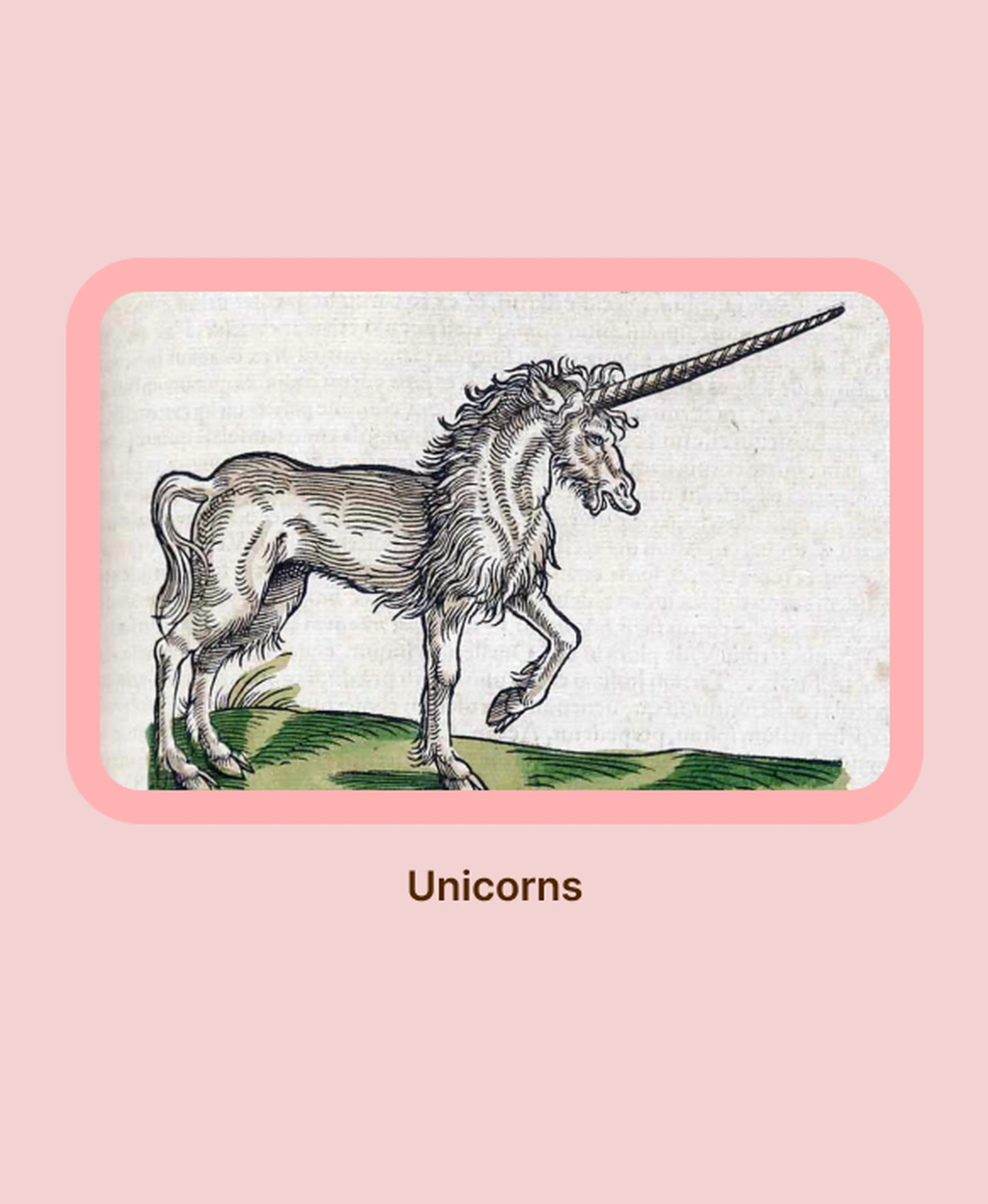 Vintage woodcut illustration of a unicorn standing on green grass, an emblematic mythical creature echoing themes of Nemesis in Greek mythology, framed in pink