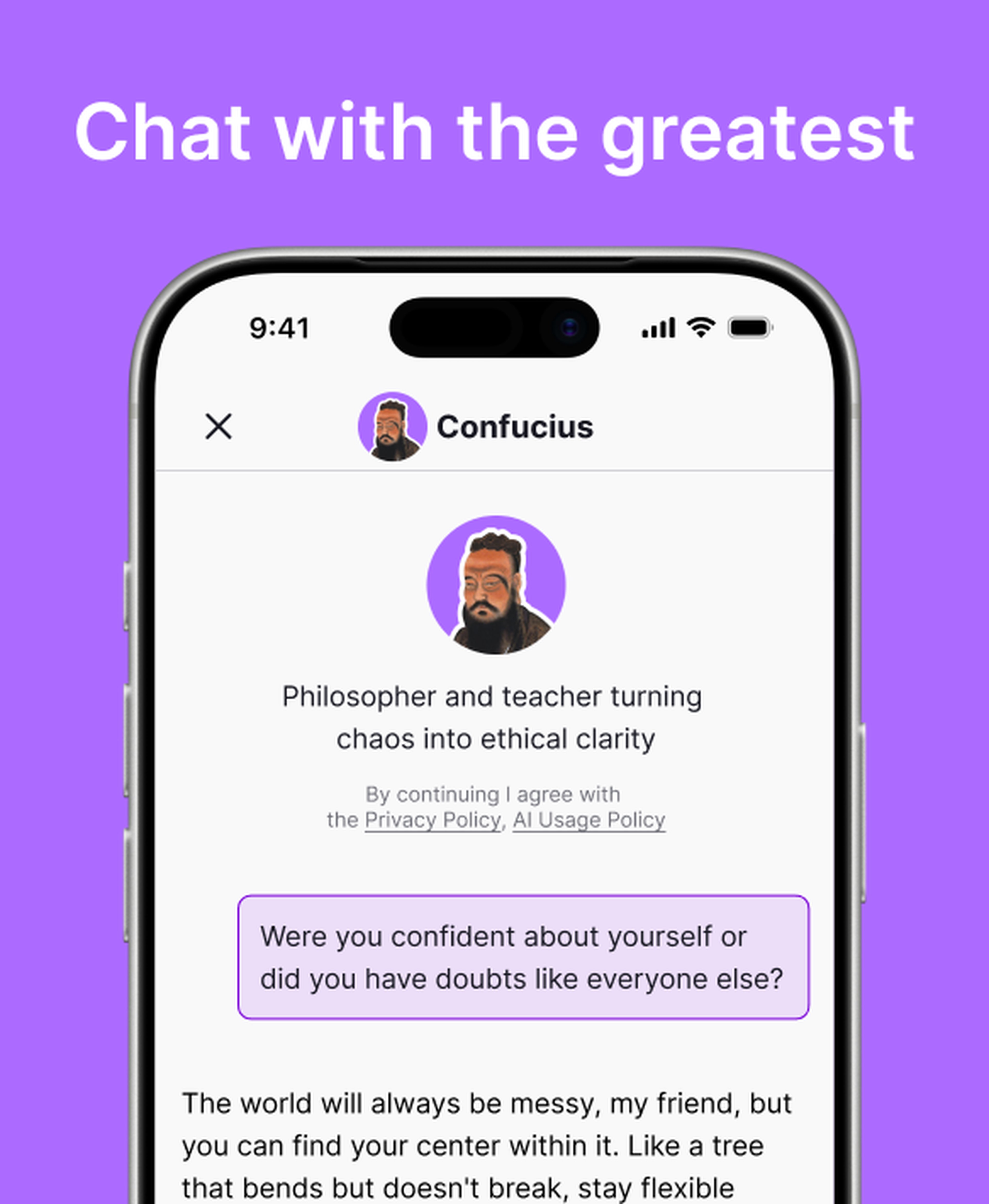Nibble app AI chat with Confucius on an iPhone under a Chat with the greatest heading, showing his portrait, the bio Philosopher and teacher turning chaos into ethical clarity, a user question about confidence and doubts and his reply, on a purple