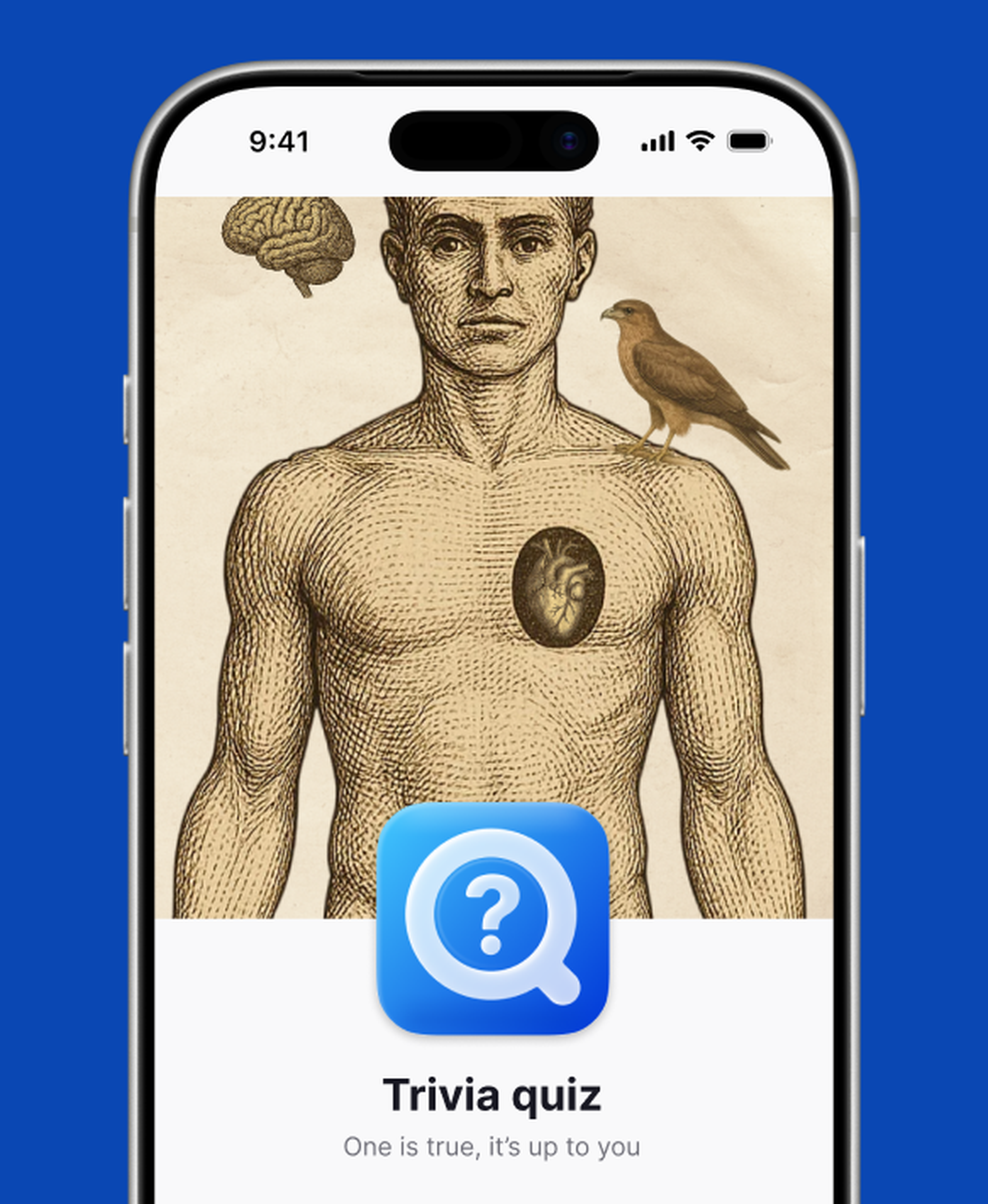 Nibble app Trivia quiz game intro on an iPhone, showing a vintage engraving of a human torso with a heart, brain and hawk above a blue question mark icon and the tagline One is true, it's up to you, on a deep blue background