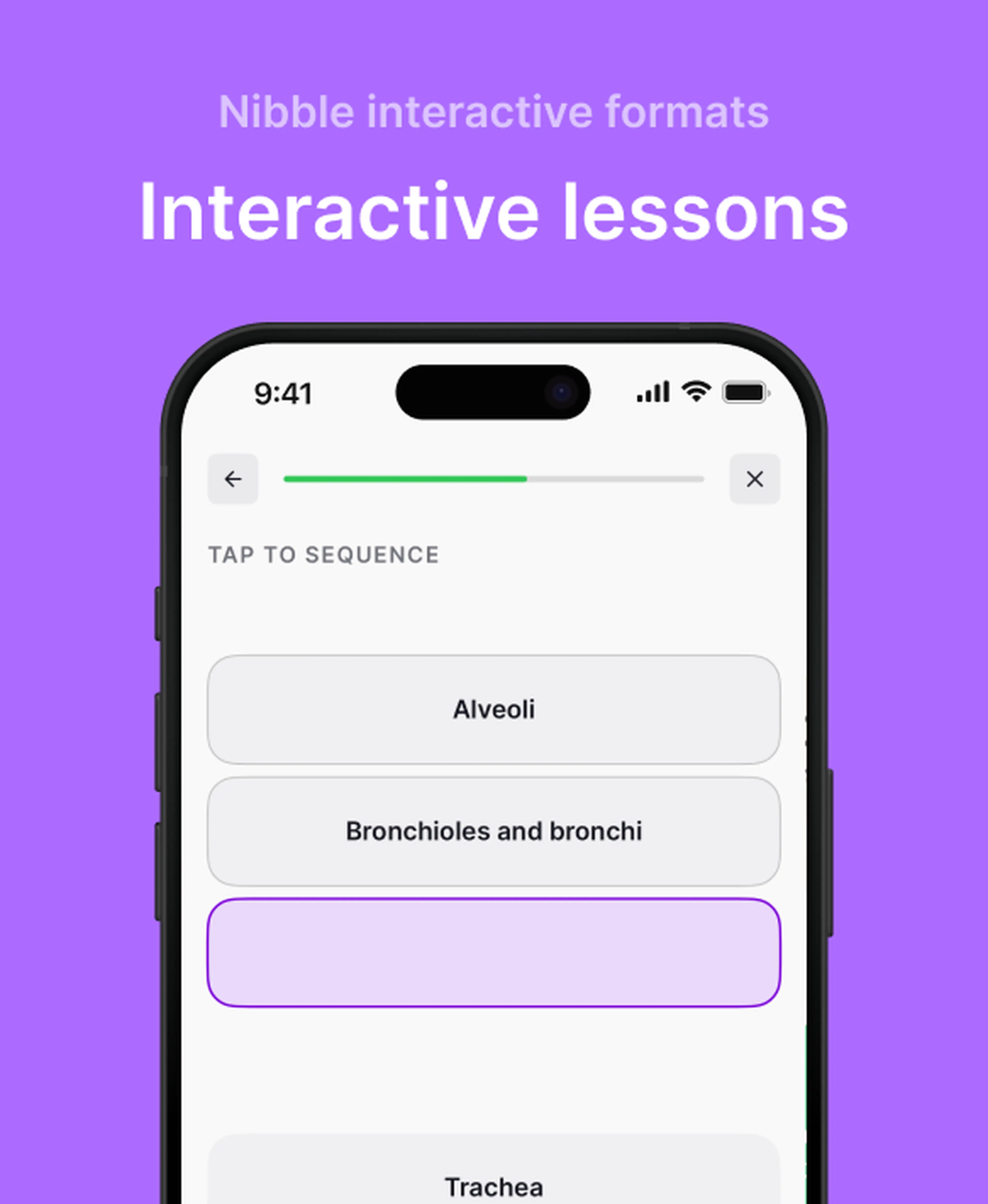 Nibble app interactive lessons on a smartphone showing a tap-to-sequence exercise with respiratory system terms, part of Nibble learning topics on a purple background