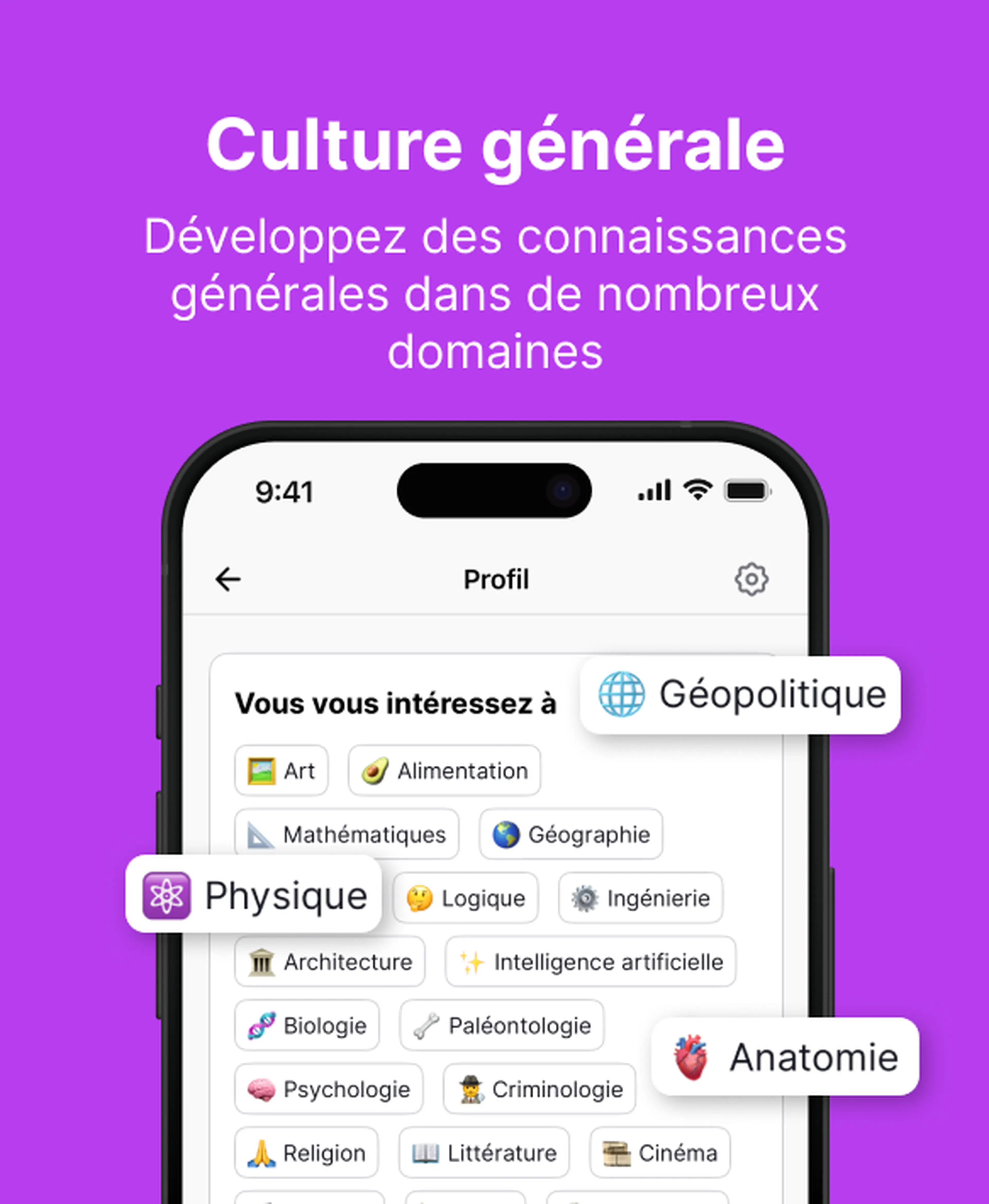 Écran de profil d'une app de culture générale sur mobile affichant des centres d'intérêt variés comme géopolitique, physique et anatomie, comparaison Nibble vs Brilliant sur fond violet