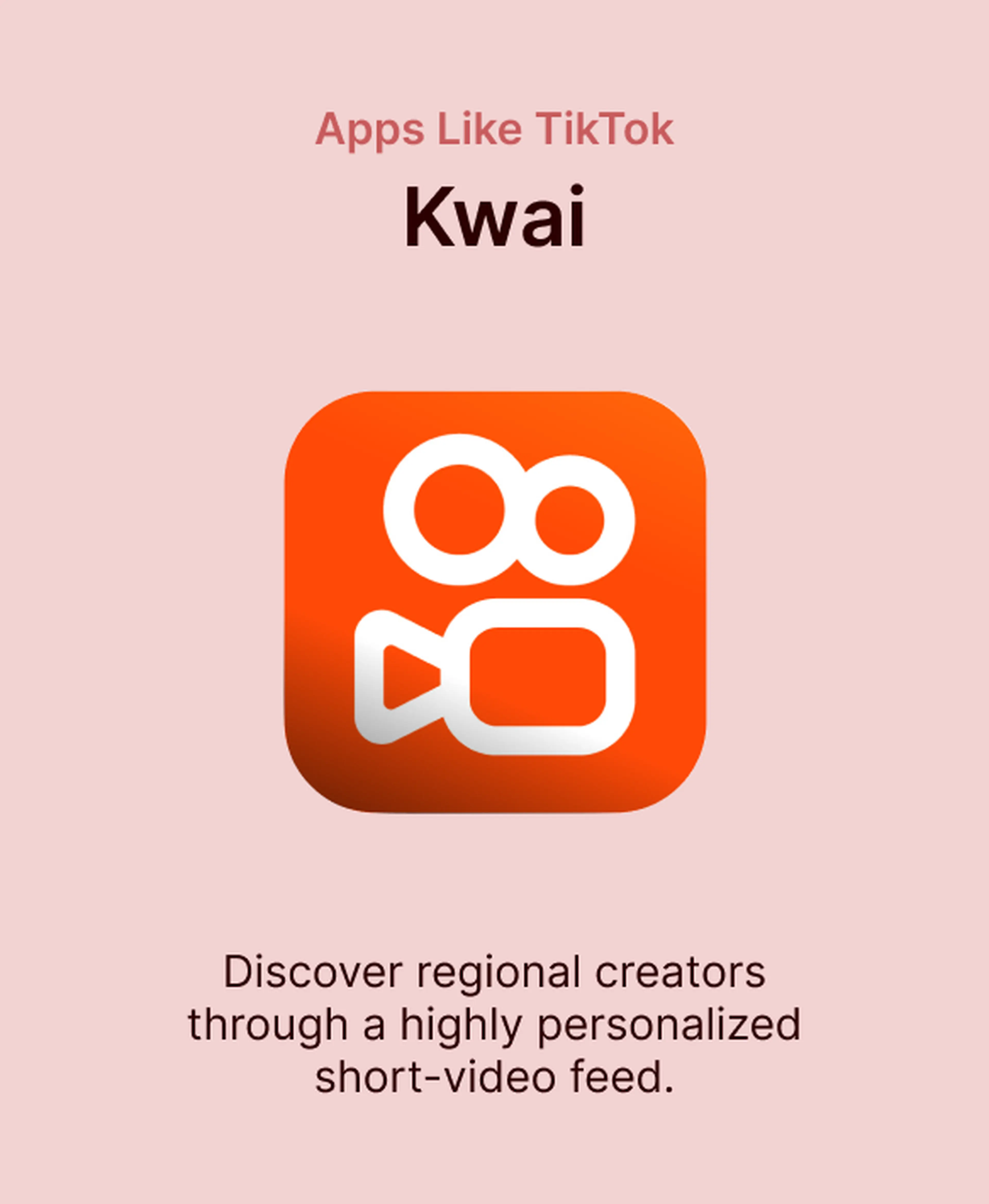 Kwai app icon on a soft pink background, featured among apps like TikTok for discovering regional creators through a personalized short-video feed